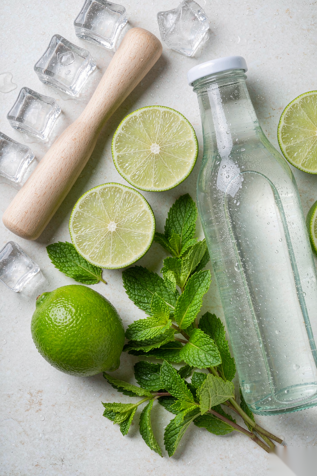 Lime mint sparkling water ingredients — fresh limes, mint, sparkling water and ice
