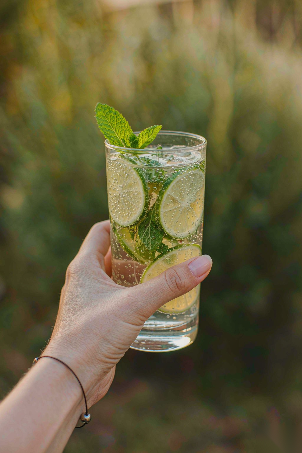 Kung Fu lime mint sparkling water held in hand, fresh summer wellness refresher