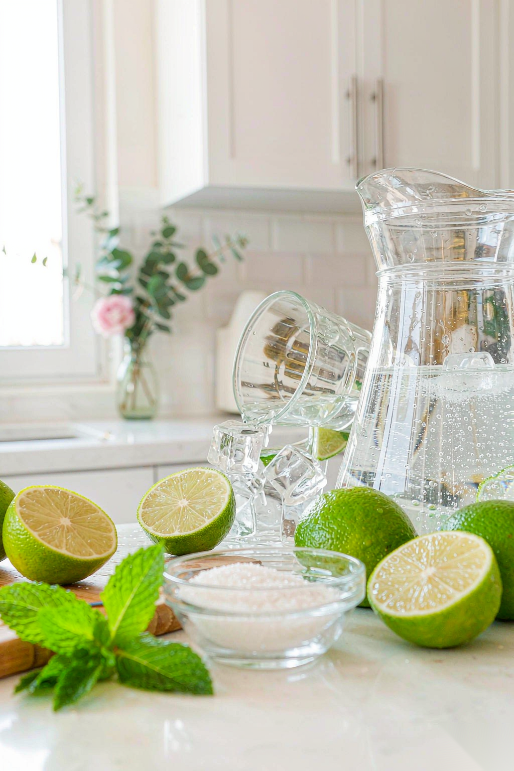 Step-by-step lime mint sparkling water guide: muddle mint, squeeze lime, pour sparkling water, add ice, stir, garnish