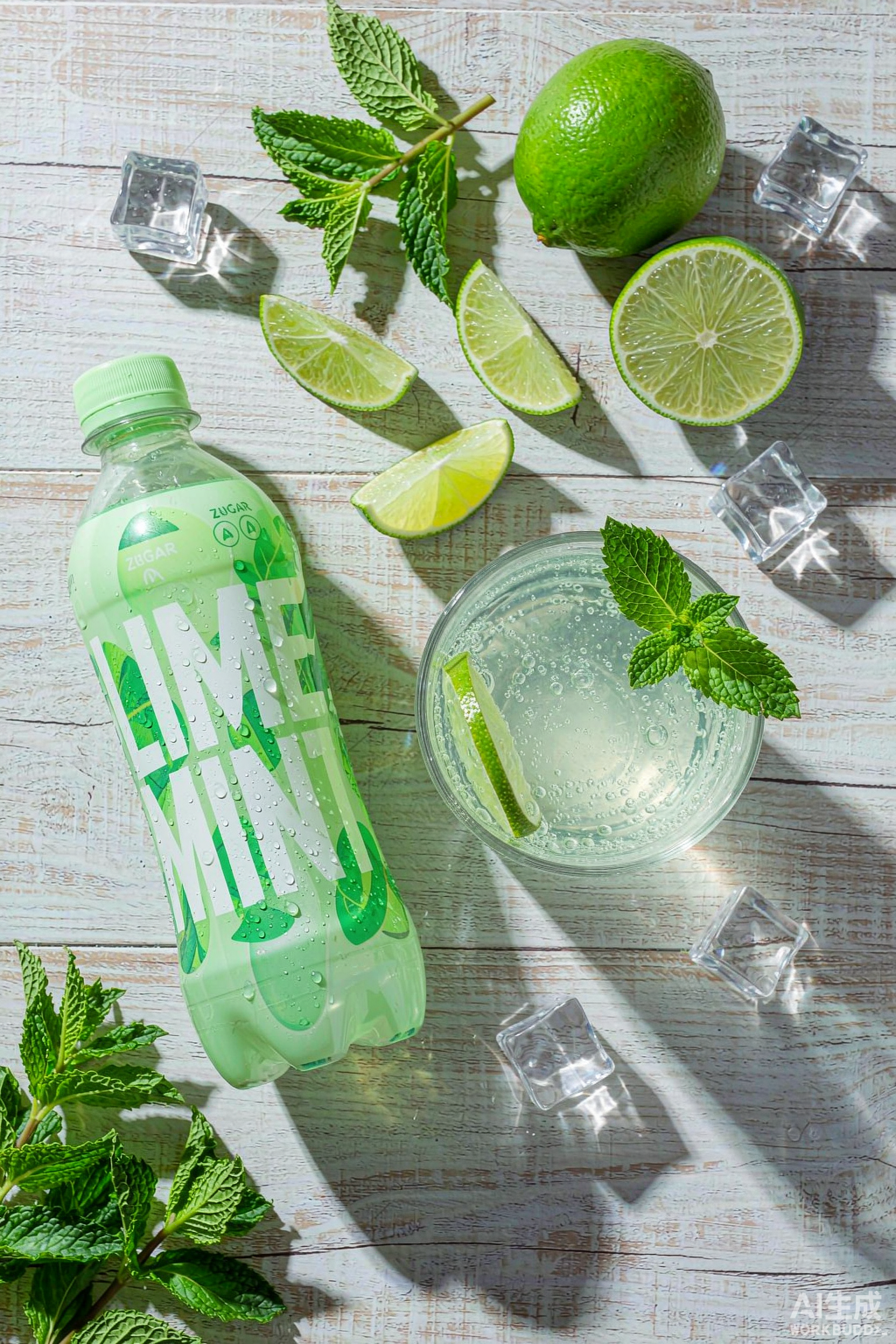 Kung Fu lime mint sparkling water flat lay with halved limes, fresh mint and ice