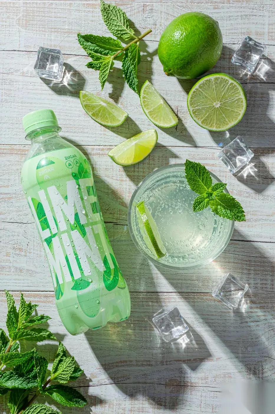 Kung Fu lime mint sparkling water flat lay with halved limes, fresh mint and ice