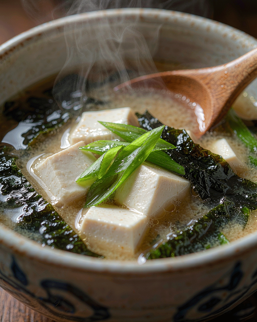 Close-up of Japanese miso soup — silken tofu, scallion, nori on warm broth, steam rising
