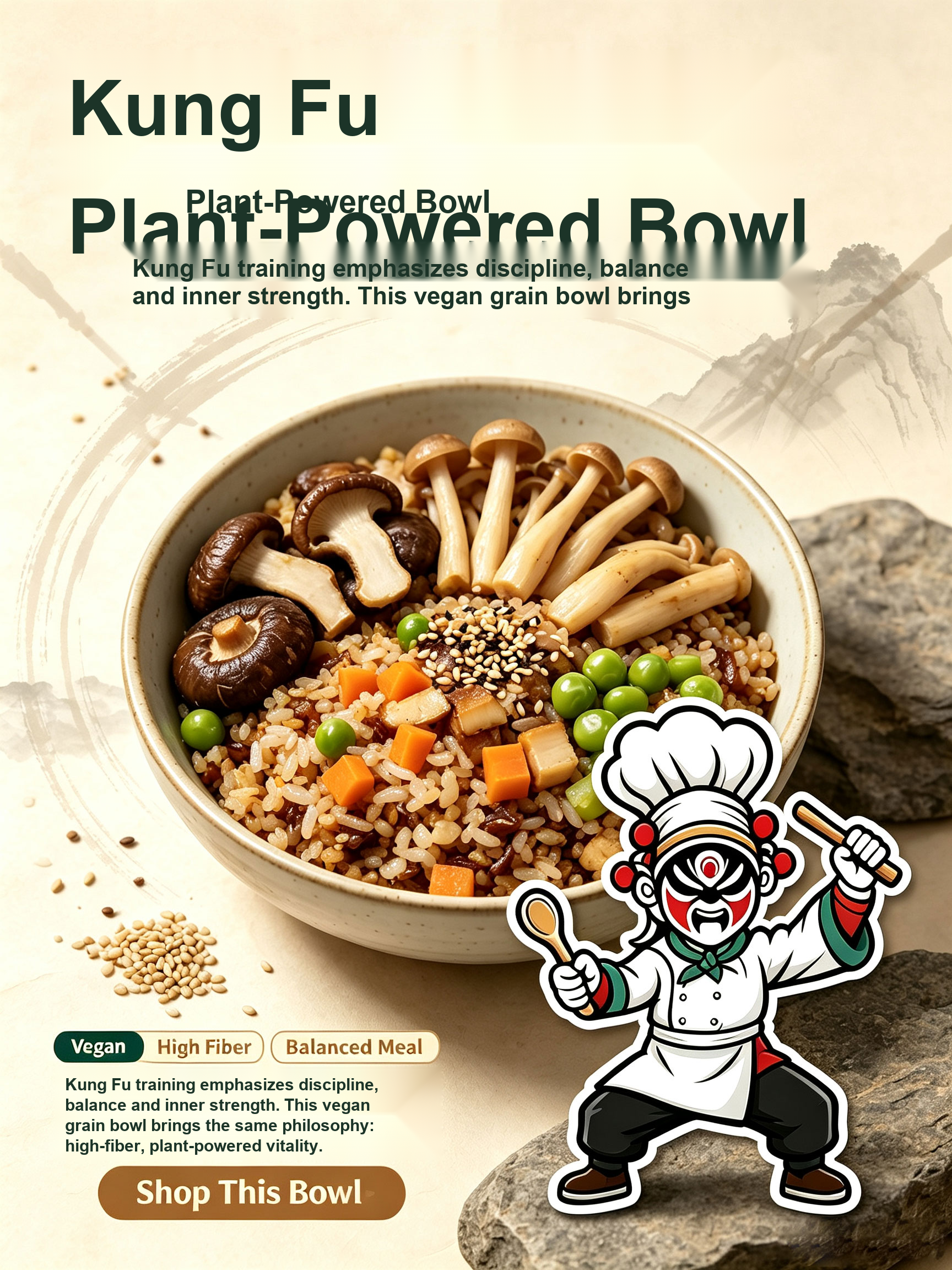 Close-up of mushroom grain bowl showing rich fiber content and plant-based ingredients