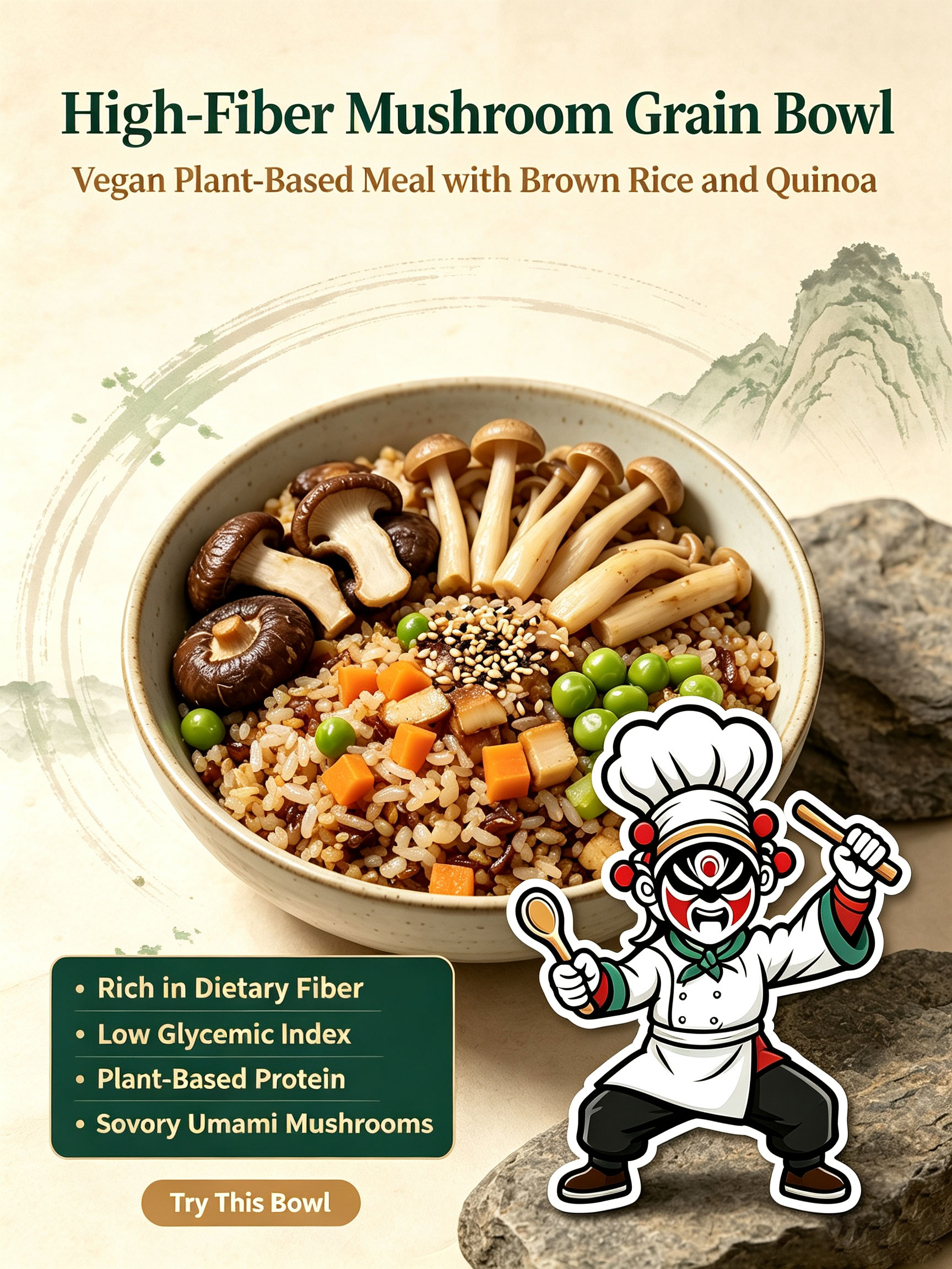 Zen Oriental Meals — plant-powered vitality bowl with martial arts character