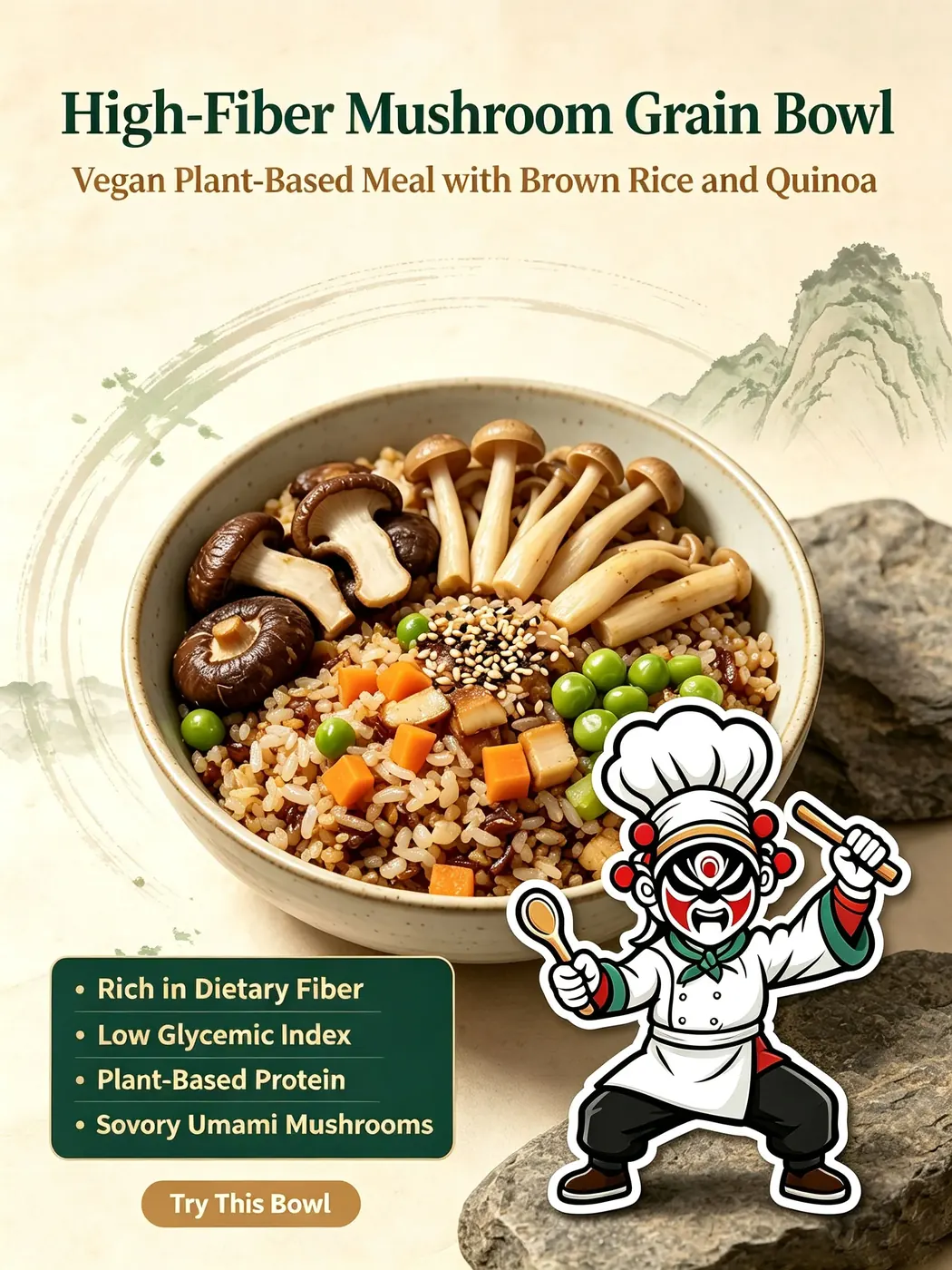 Zen Oriental Meals — plant-powered vitality bowl with martial arts character