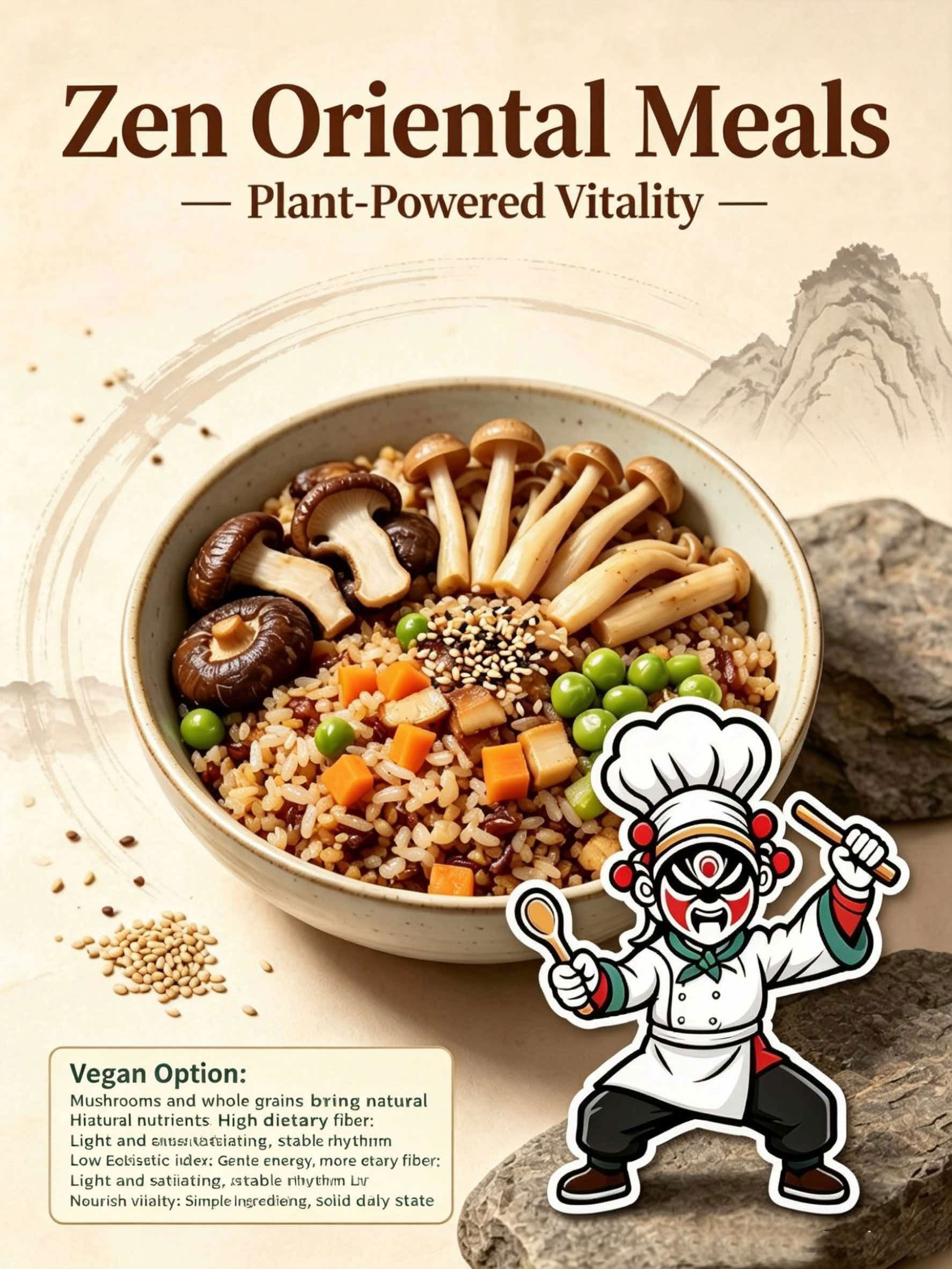 Lifestyle shot of mushroom grain bowl on wooden table with natural lighting