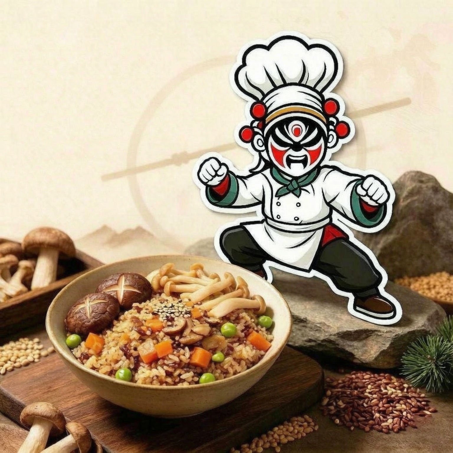 Kung Fu Mushroom Grain Bowl — rustic natural bowl with mixed grains and fresh mushrooms on wooden table with martial arts chef character