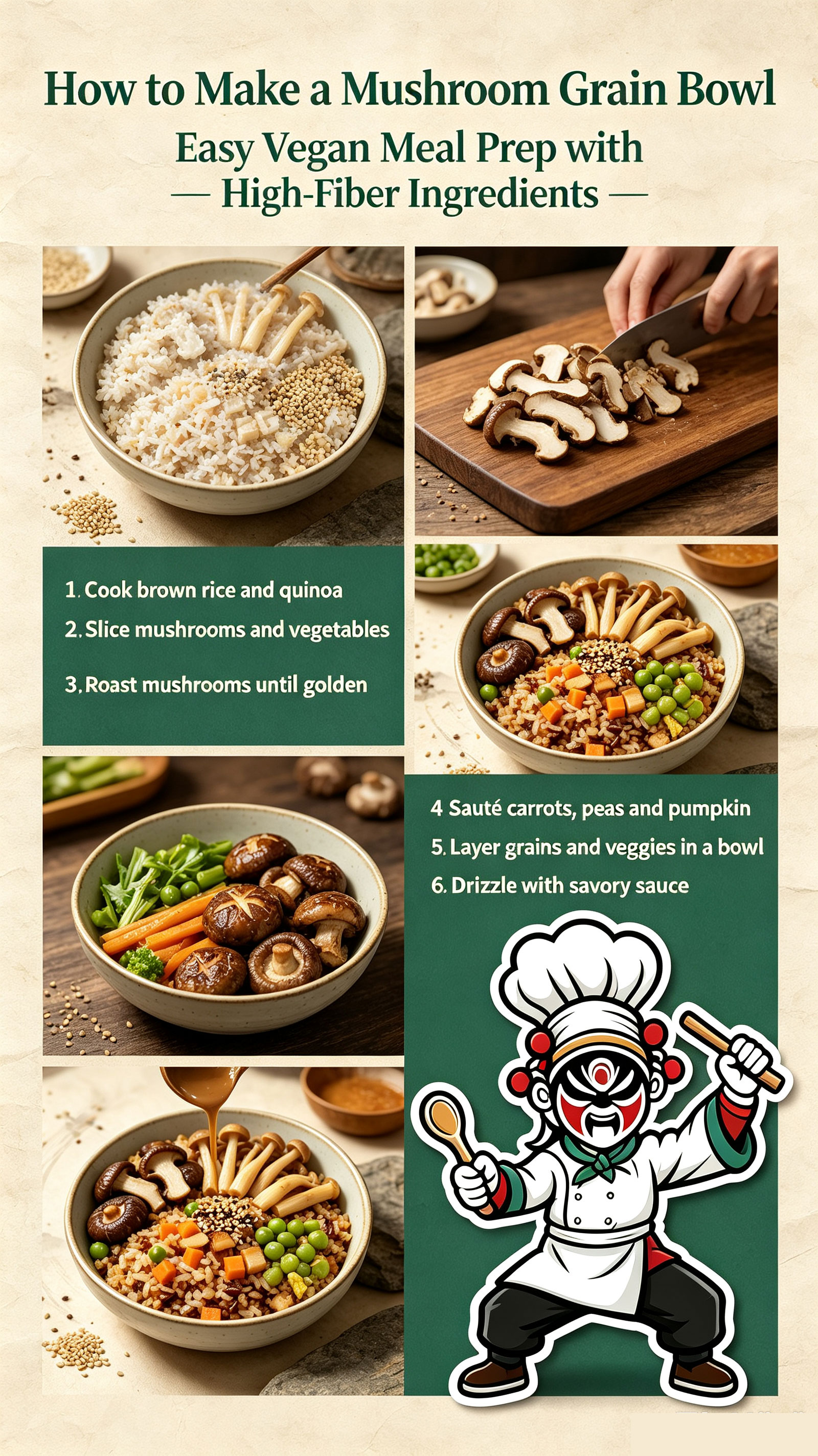 Step-by-step guide: cook grains, slice mushrooms, roast veggies, sauté, assemble bowl, drizzle sauce
