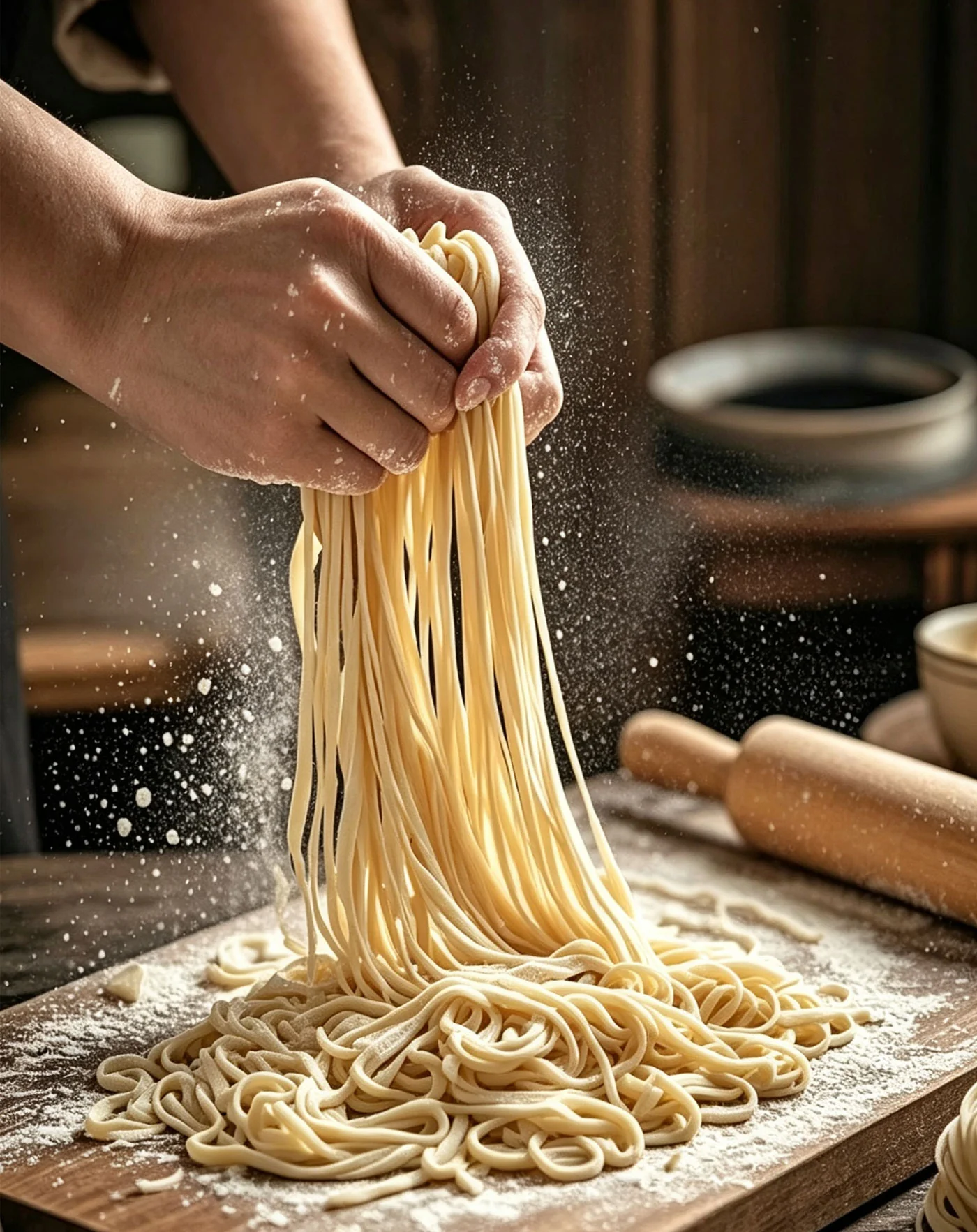Homemade noodles in a light Eastern-style bowl, a low-calorie staple