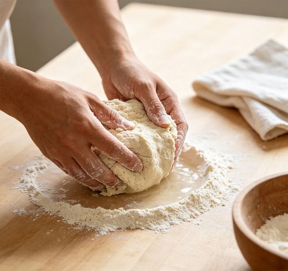 Step 1: mixing bread flour and warm water into a shaggy homemade noodle dough