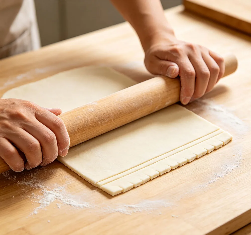 Step 4: rolling noodle dough into a thin sheet with a wooden rolling pin