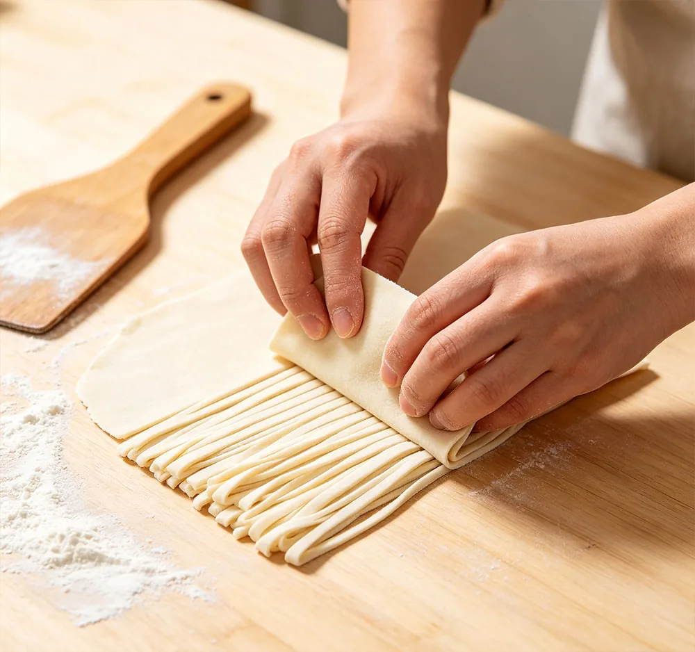 Step 5: folding and cutting dough into fresh handmade noodle ribbons