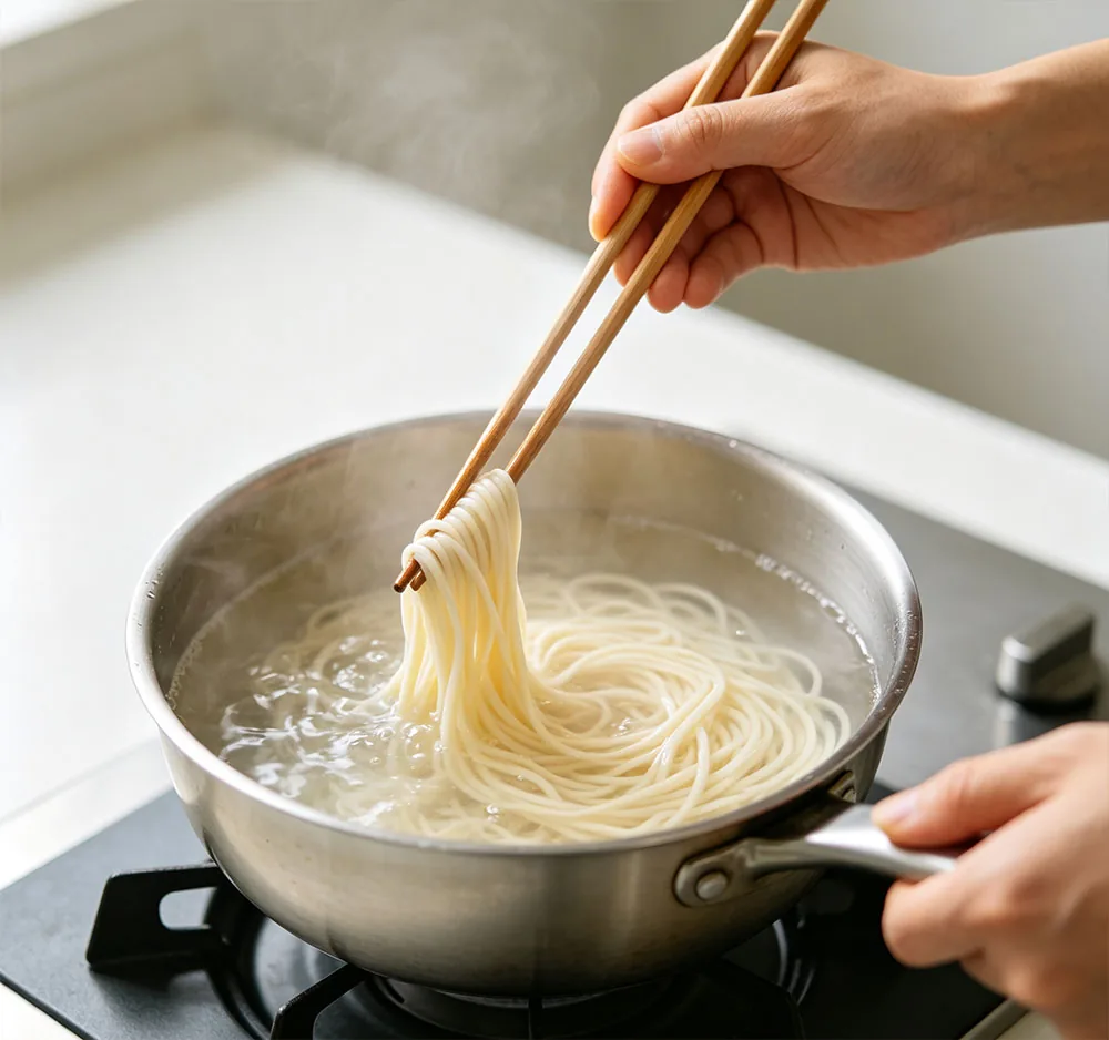 Step 6: boiling fresh homemade noodles in a pot of water