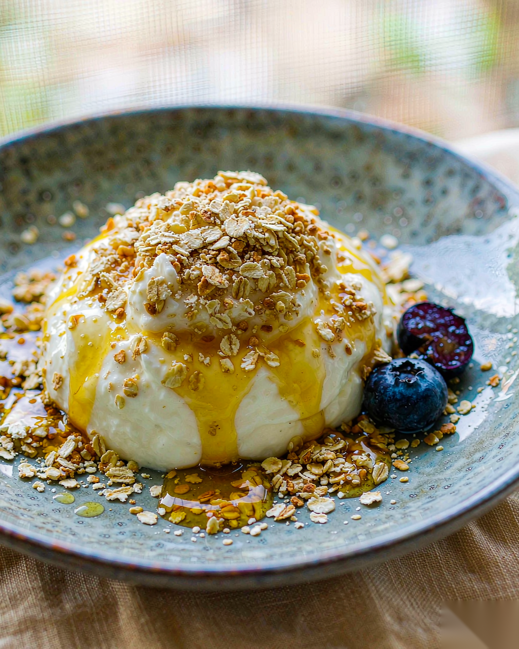 Macro close-up of creamy greek yogurt oat cup texture with honey and blueberry