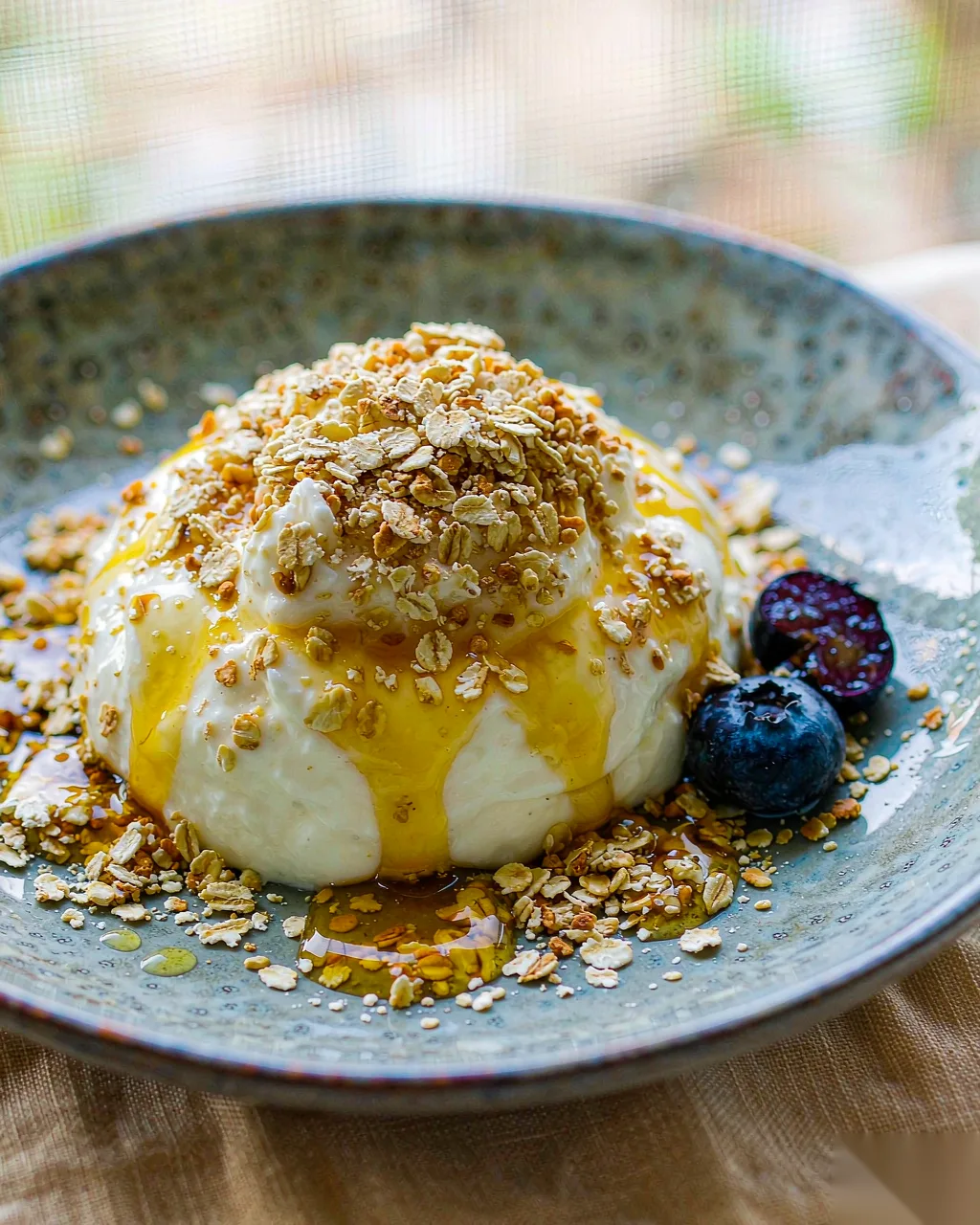 Macro close-up of creamy greek yogurt oat cup texture with honey and blueberry
