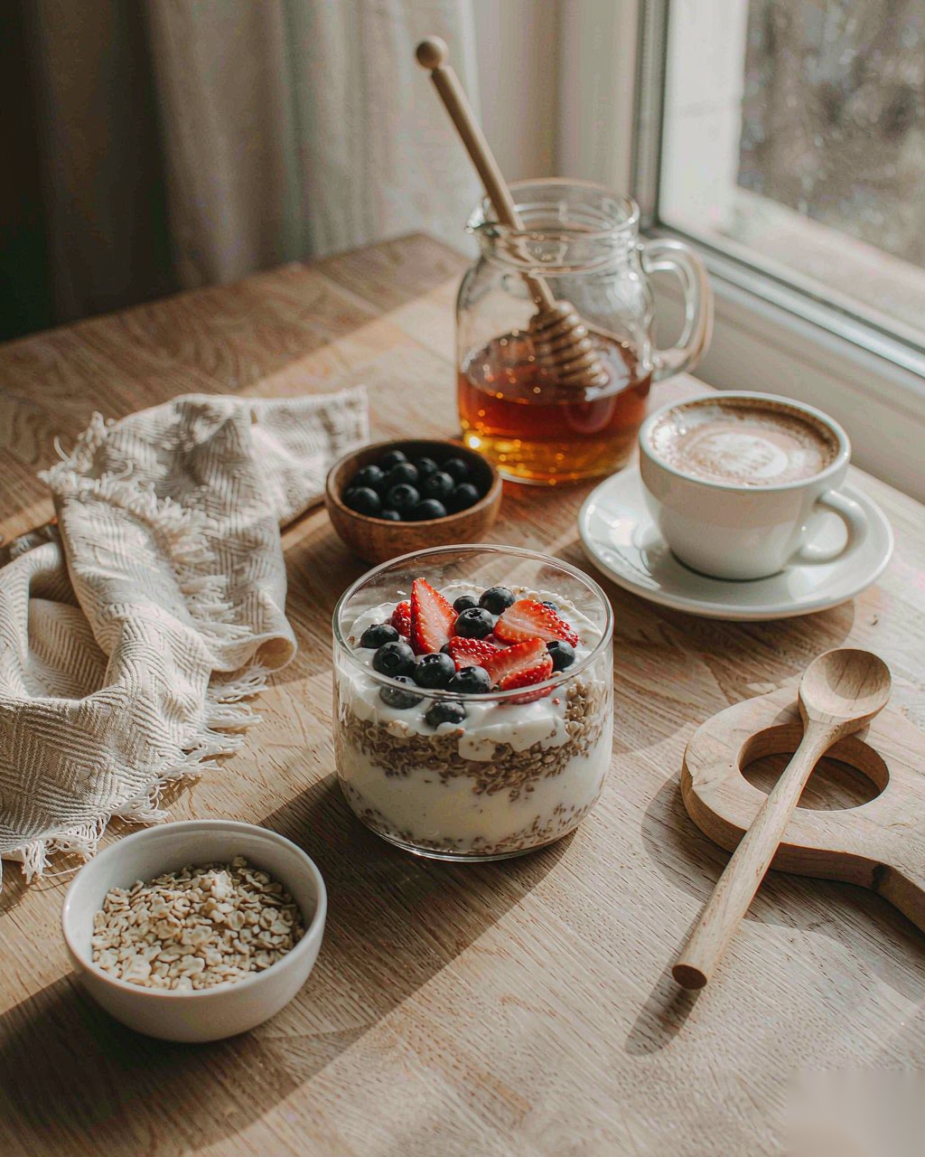 Lifestyle breakfast scene of overnight oats yogurt cup on wooden table