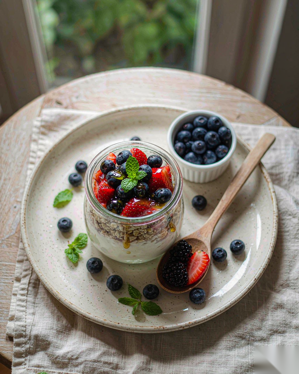 Greek Yogurt Overnight Oats Cup — layered oat yogurt parfait with fresh berries and honey on a rustic plate