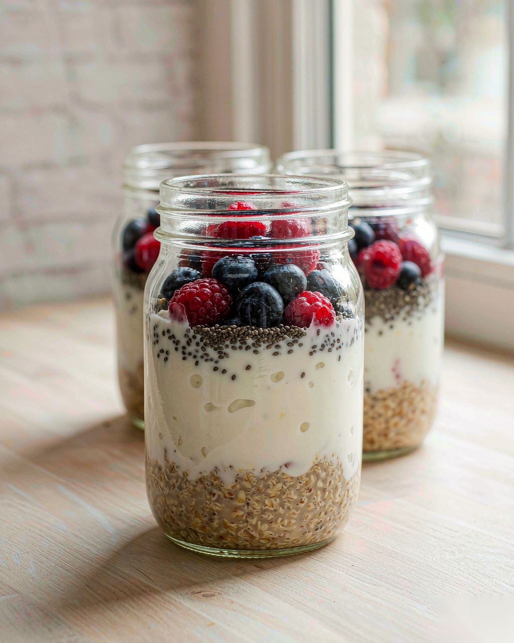 Layered overnight oats yogurt cup cross-section showing oats, greek yogurt, chia and berries