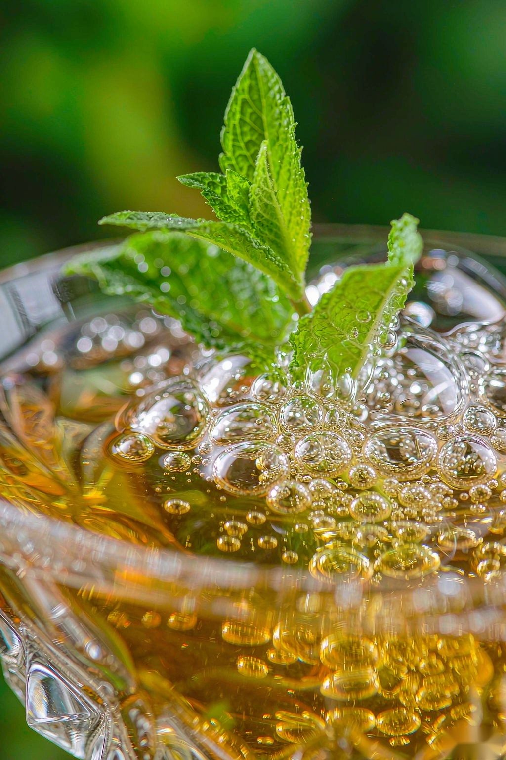 Macro of golden Oolong Kombucha with fine bubbles and a mint sprig