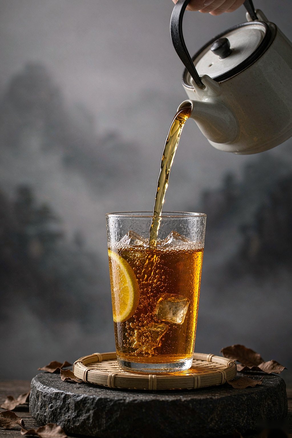 Pouring Oolong Kombucha from a ceramic teapot into a glass with ice and citrus