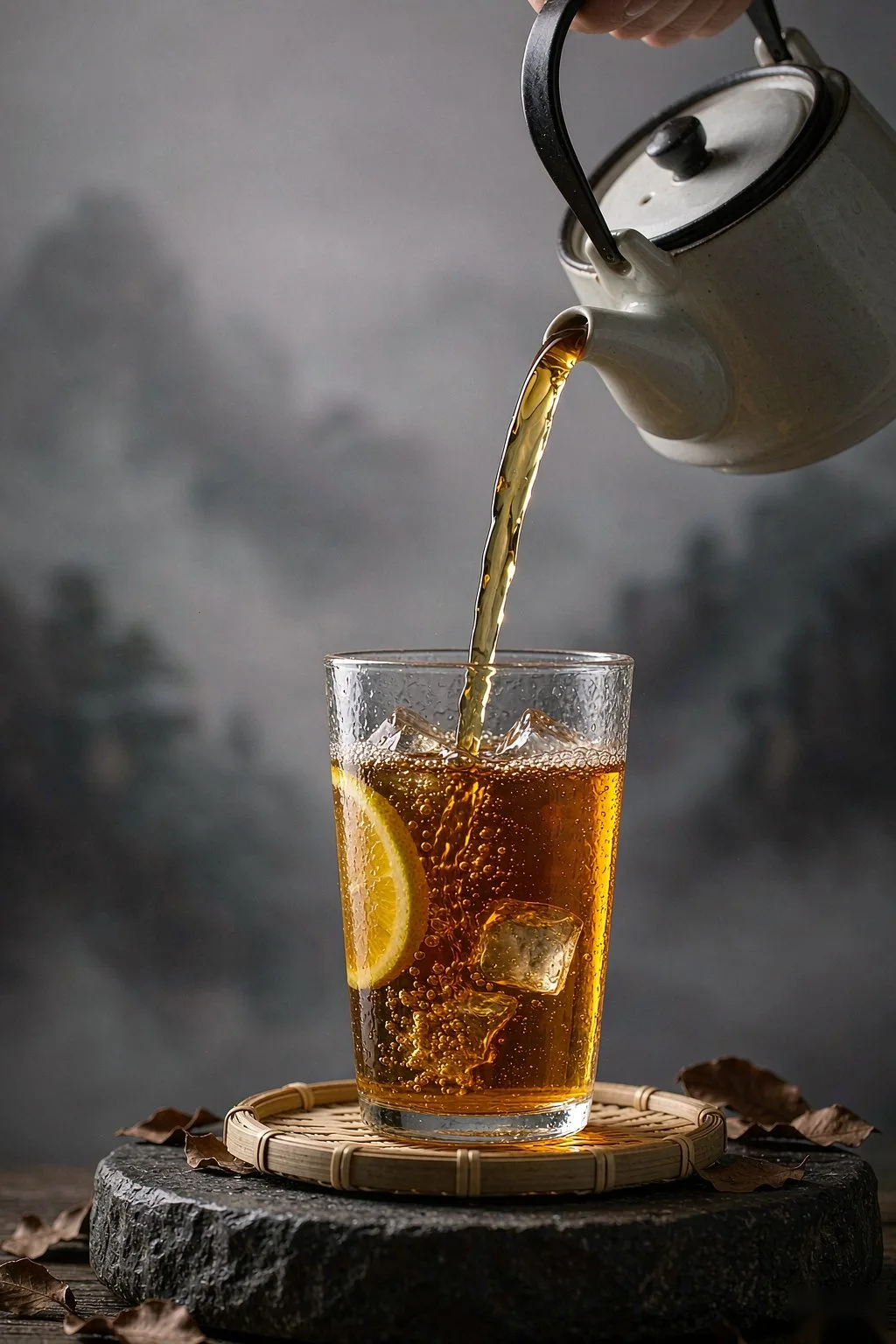 Pouring Oolong Kombucha from a ceramic teapot into a glass with ice and citrus