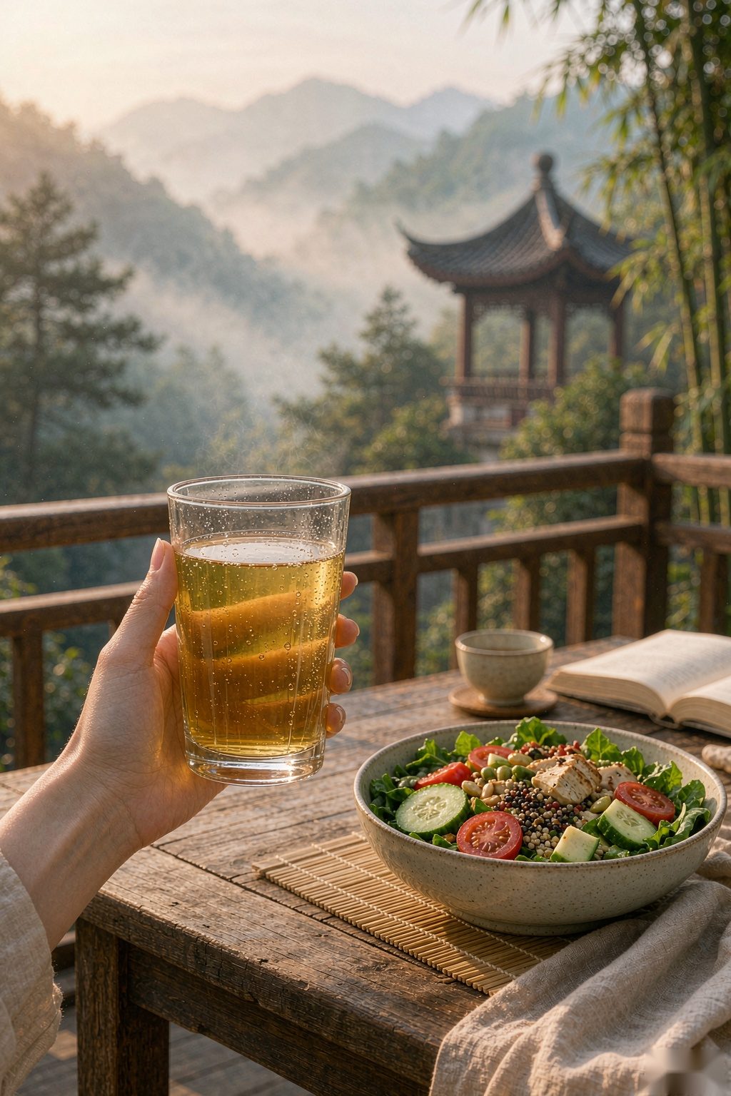 Hand holding Oolong Kombucha outdoors with a light meal salad bowl