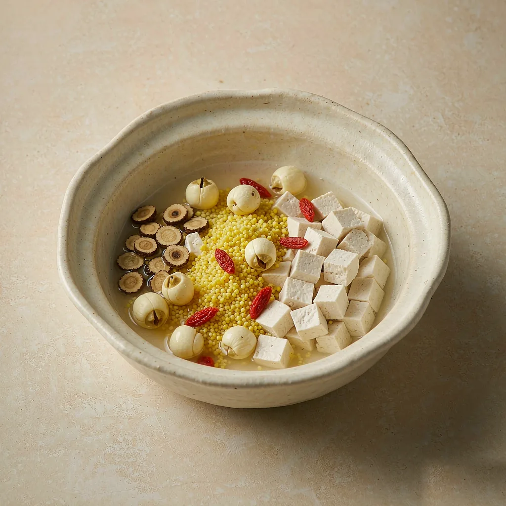 Poria and Yam Spleen-Boosting Wellness Bowl — TCM herbal grain bowl with poria, steamed yam, millet, lotus seeds and goji in a clear warming broth