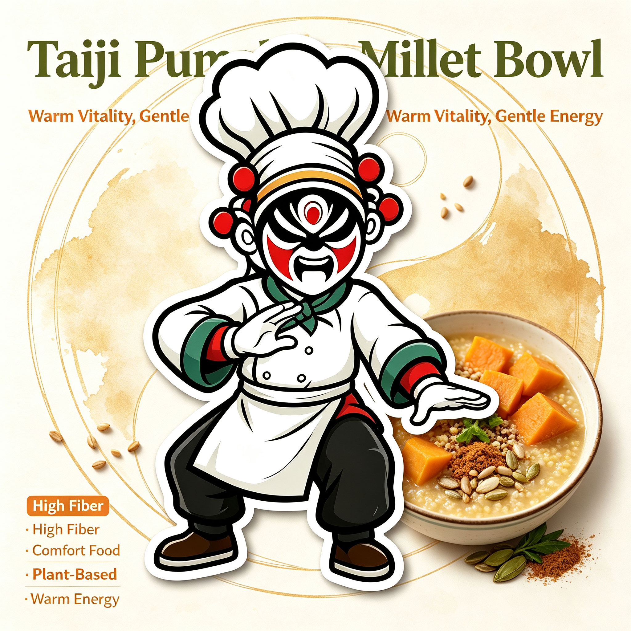 Taiji pumpkin millet bowl feature card showing high fiber, comfort food, plant-based and warm energy benefits