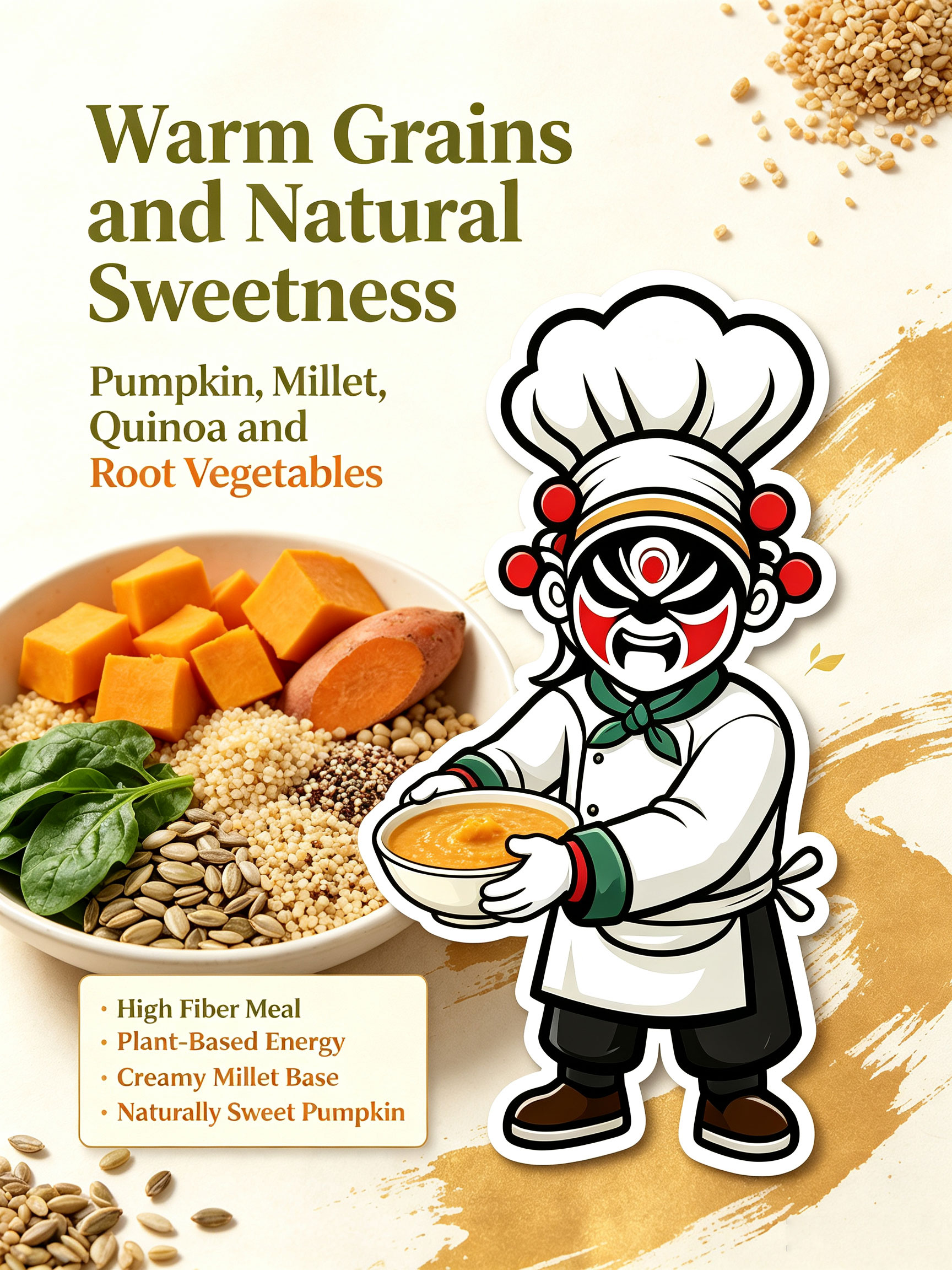 Warm grains and natural sweetness — pumpkin, millet, quinoa and root vegetables ingredient spread