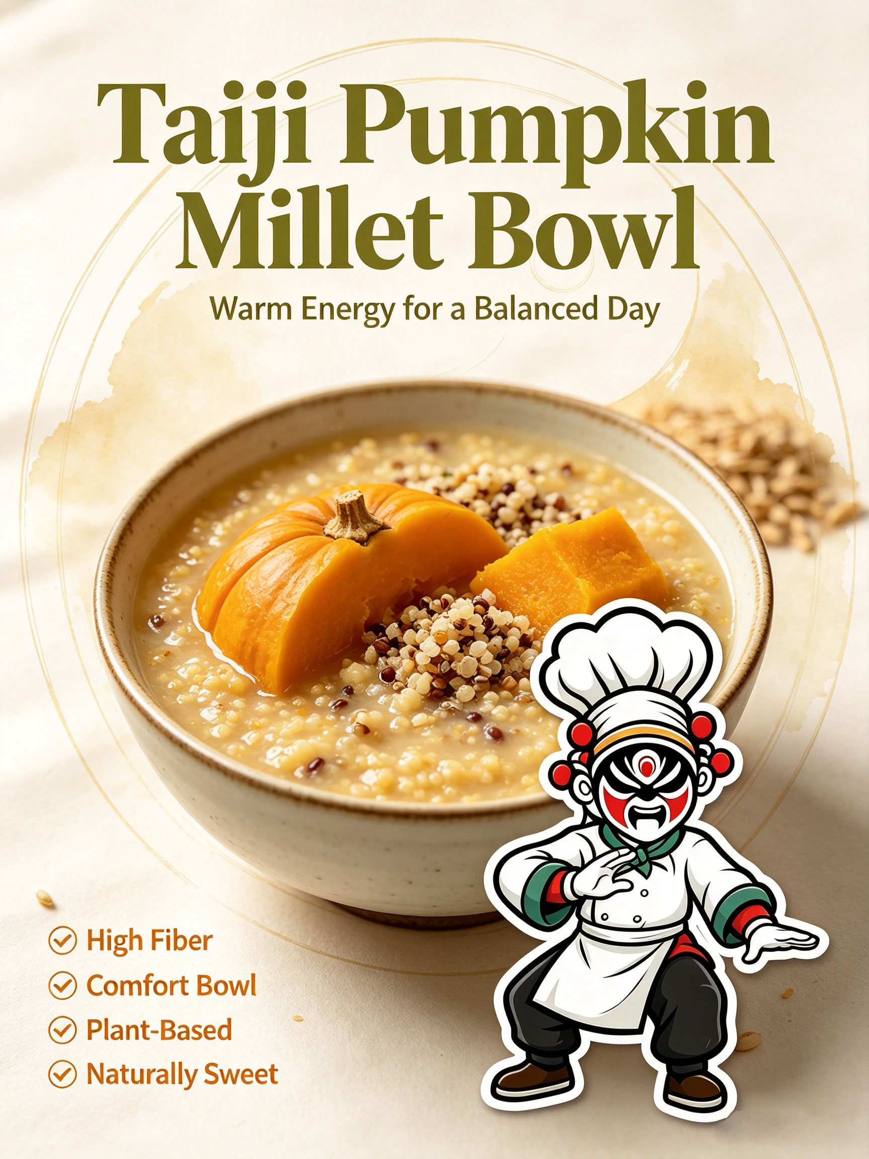 Taiji pumpkin millet bowl close-up with warm energy tagline and benefit checklist
