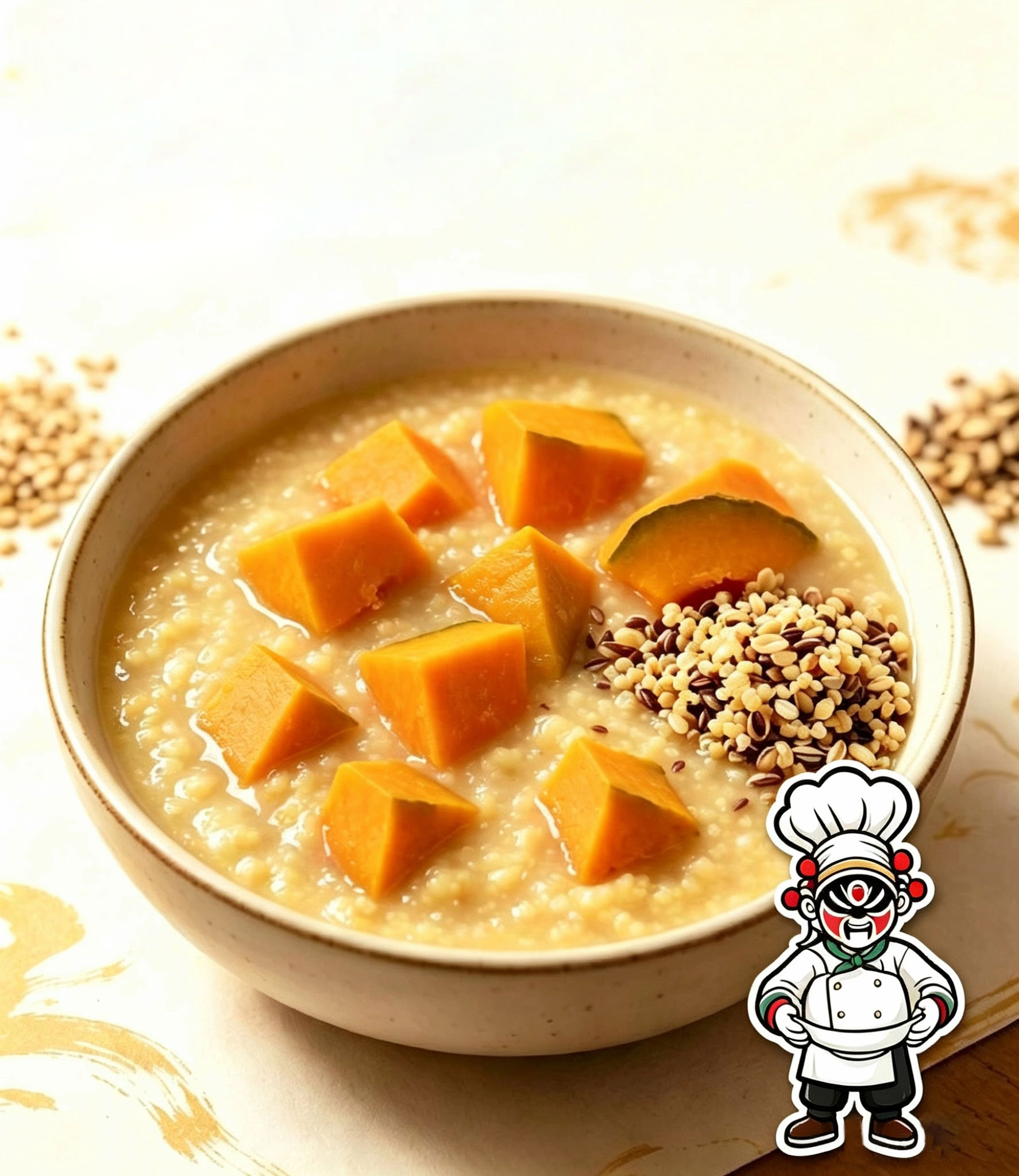 Taiji pumpkin millet bowl — slow-cooked creamy millet porridge with golden pumpkin chunks, quinoa and ancient grains