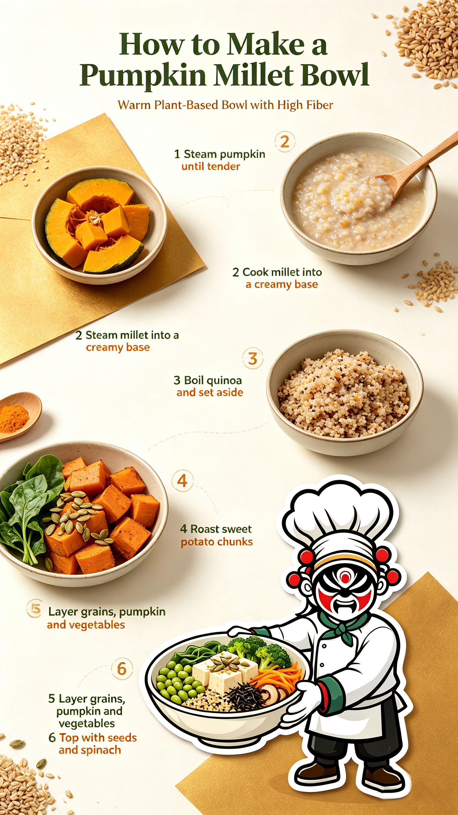 Step-by-step: steam pumpkin, cook millet base, boil quinoa, roast sweet potato, layer ingredients, top with seeds and spinach