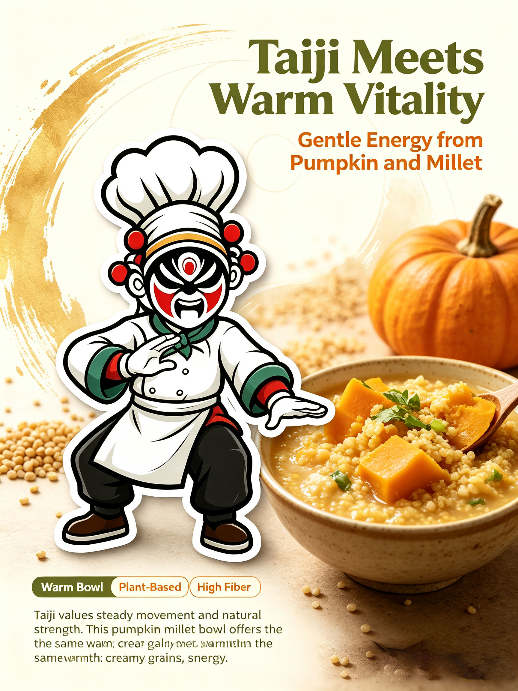 Taiji meets warm vitality — gentle energy from pumpkin and millet with martial arts chef character