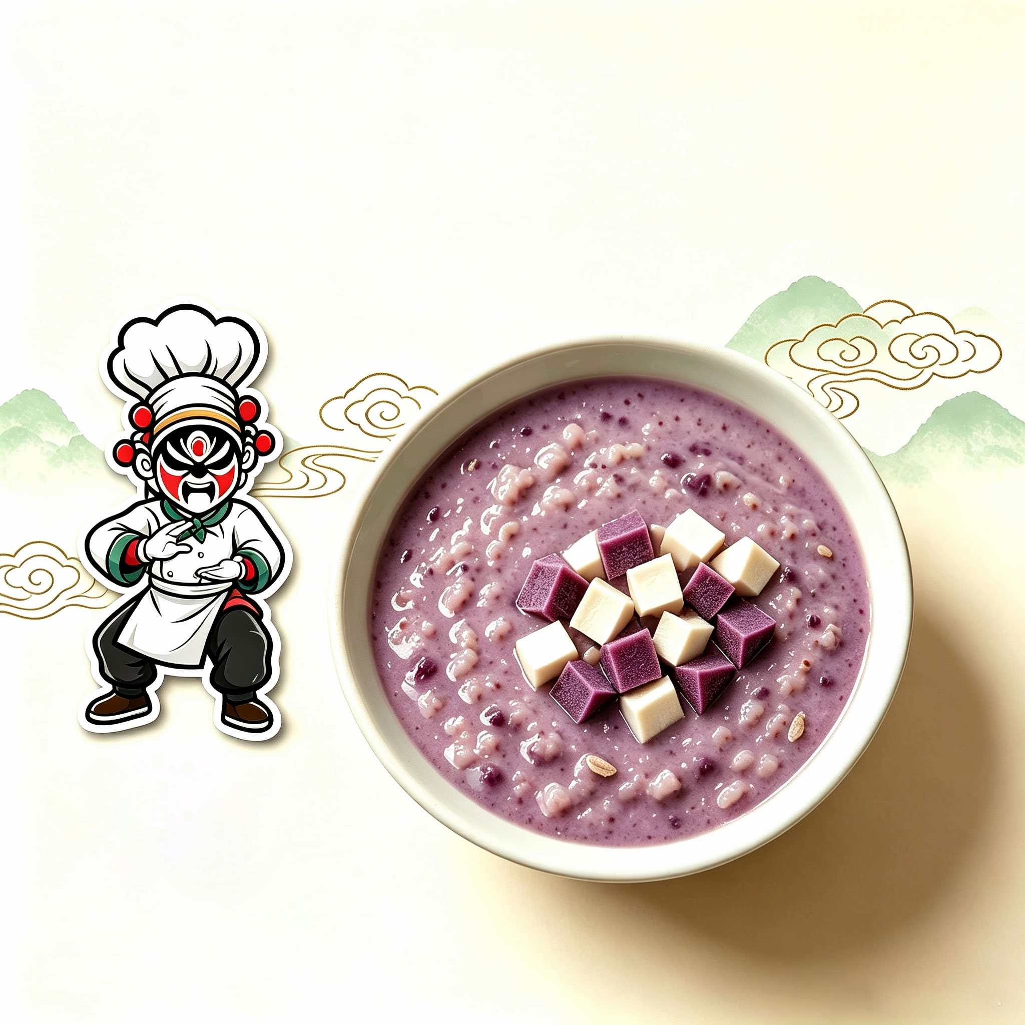 Kung Fu purple sweet potato poria yam oat porridge — a creamy purple congee bowl topped with diced purple sweet potato and yam cubes