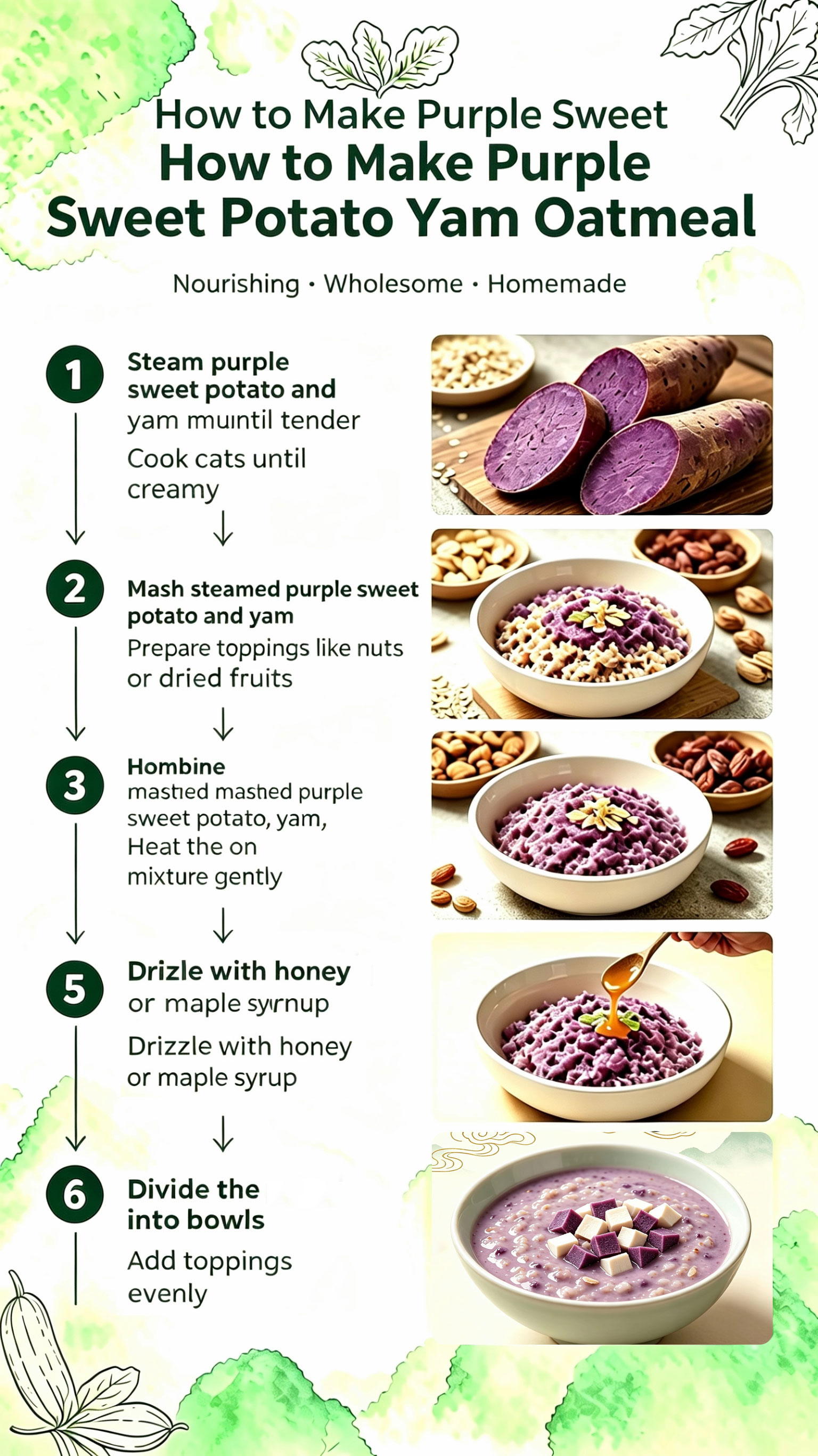 Step-by-step guide to making purple sweet potato poria yam oat porridge: steam ingredients, mash, combine, simmer, garnish, serve