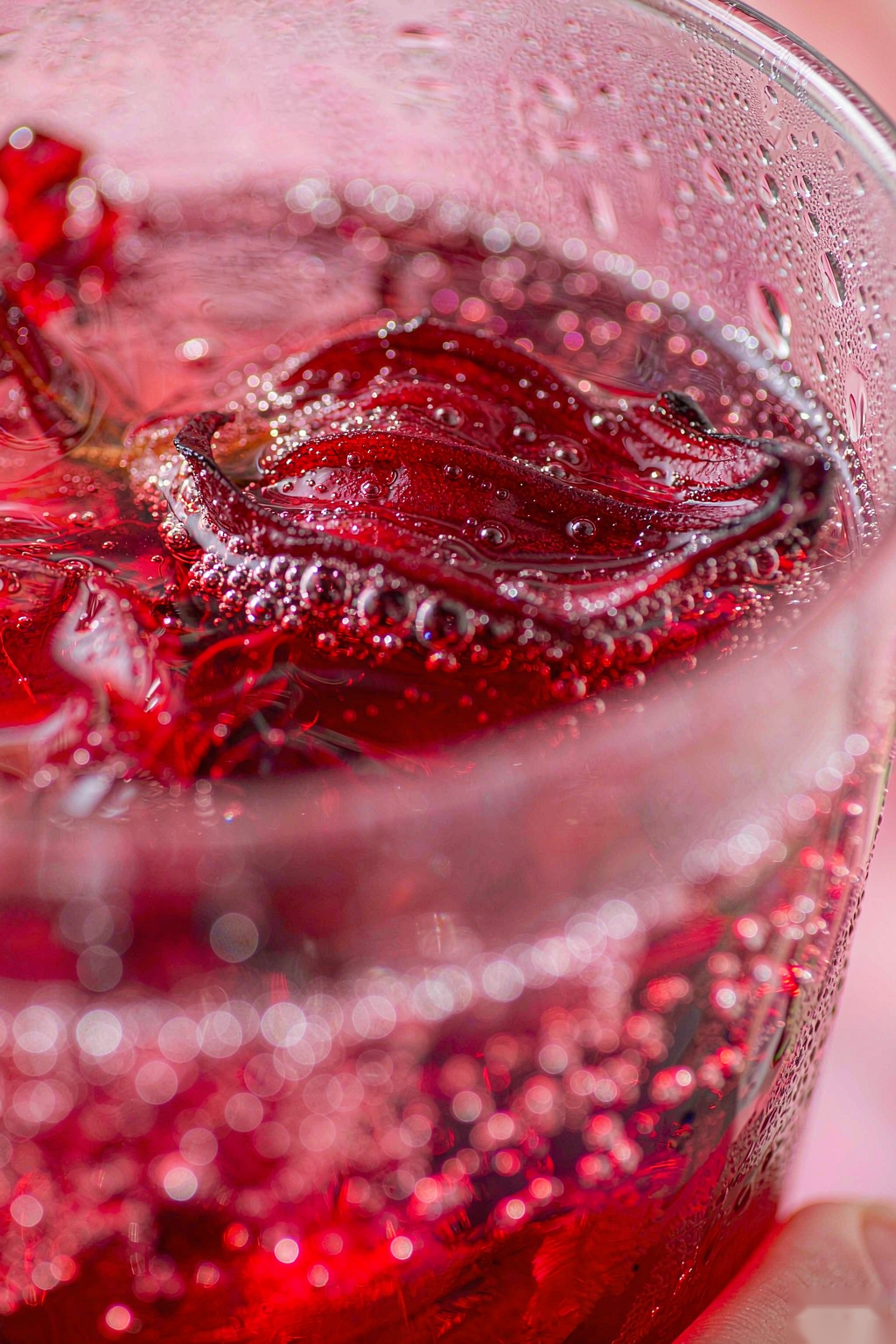 Macro close-up of ruby red hibiscus sparkling water showing fine carbonation bubbles on hibiscus petal