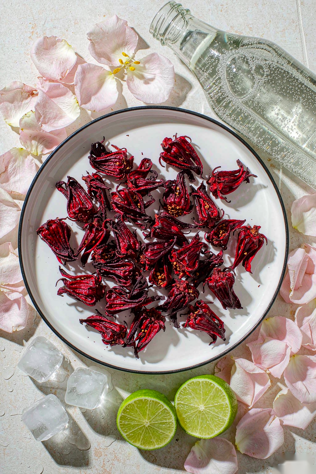 Ingredients flat lay of dried hibiscus calyces, rose petals, sparkling water bottle, lime slices, ice