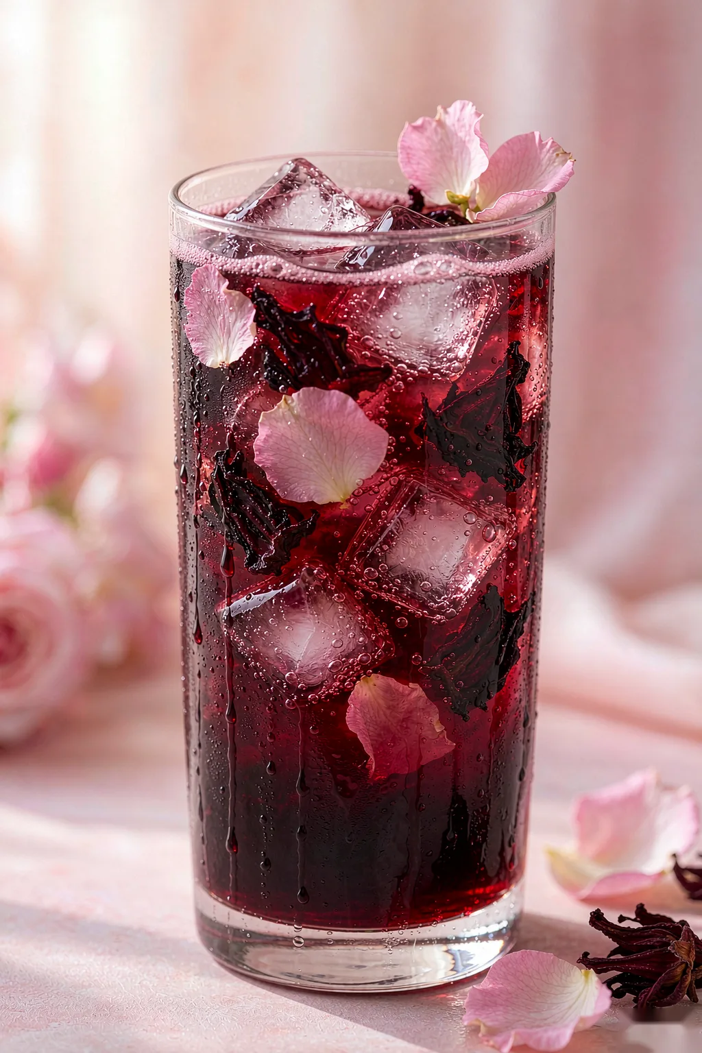 Rose Hibiscus Sparkling Water — Ruby Red Antioxidant Drink Zero Sugar Vitamin C Hydration Post-Workout Recovery Beauty Gut Health Wellness Beverage