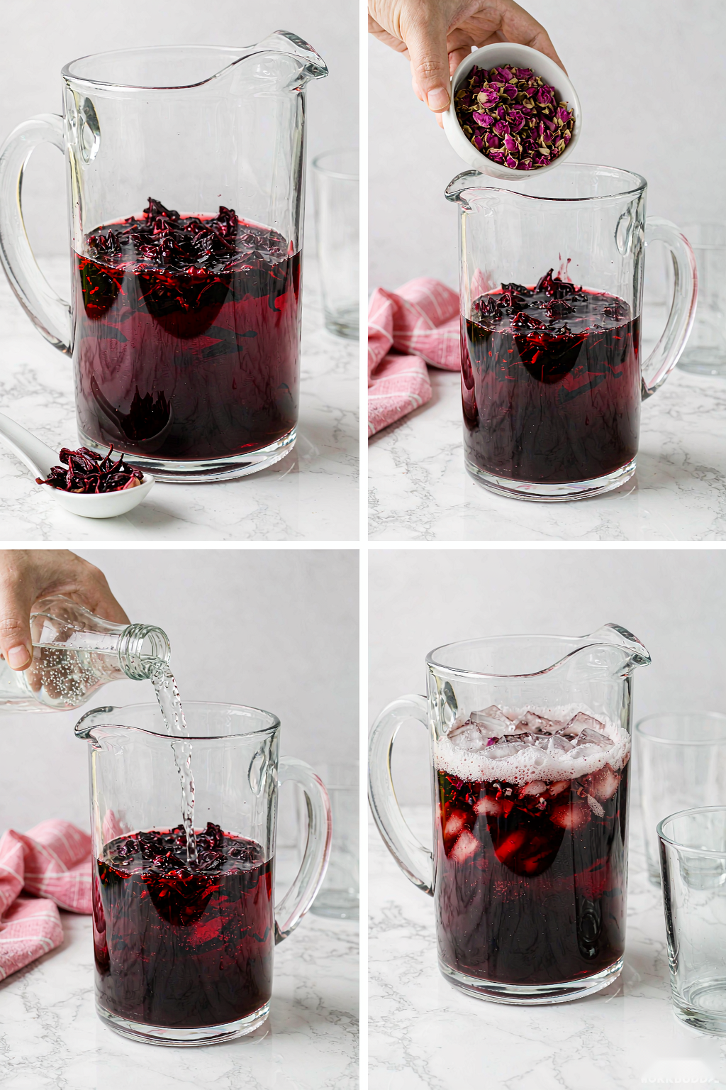 Step-by-step preparation of rose hibiscus sparkling water showing steeping, mixing, and pouring process