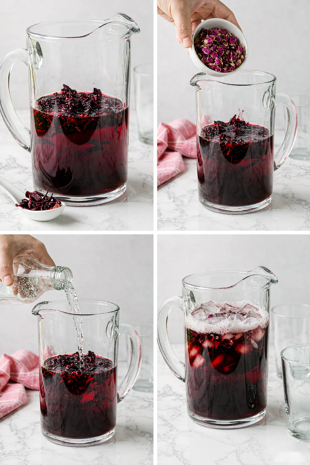 Step-by-step preparation of rose hibiscus sparkling water showing steeping, mixing, and pouring process