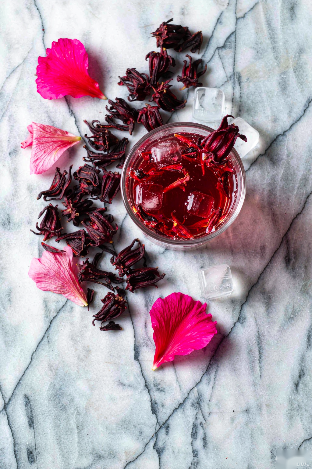 Overhead flat lay of rose hibiscus sparkling water with scattered hibiscus calyces and rose petals on marble surface