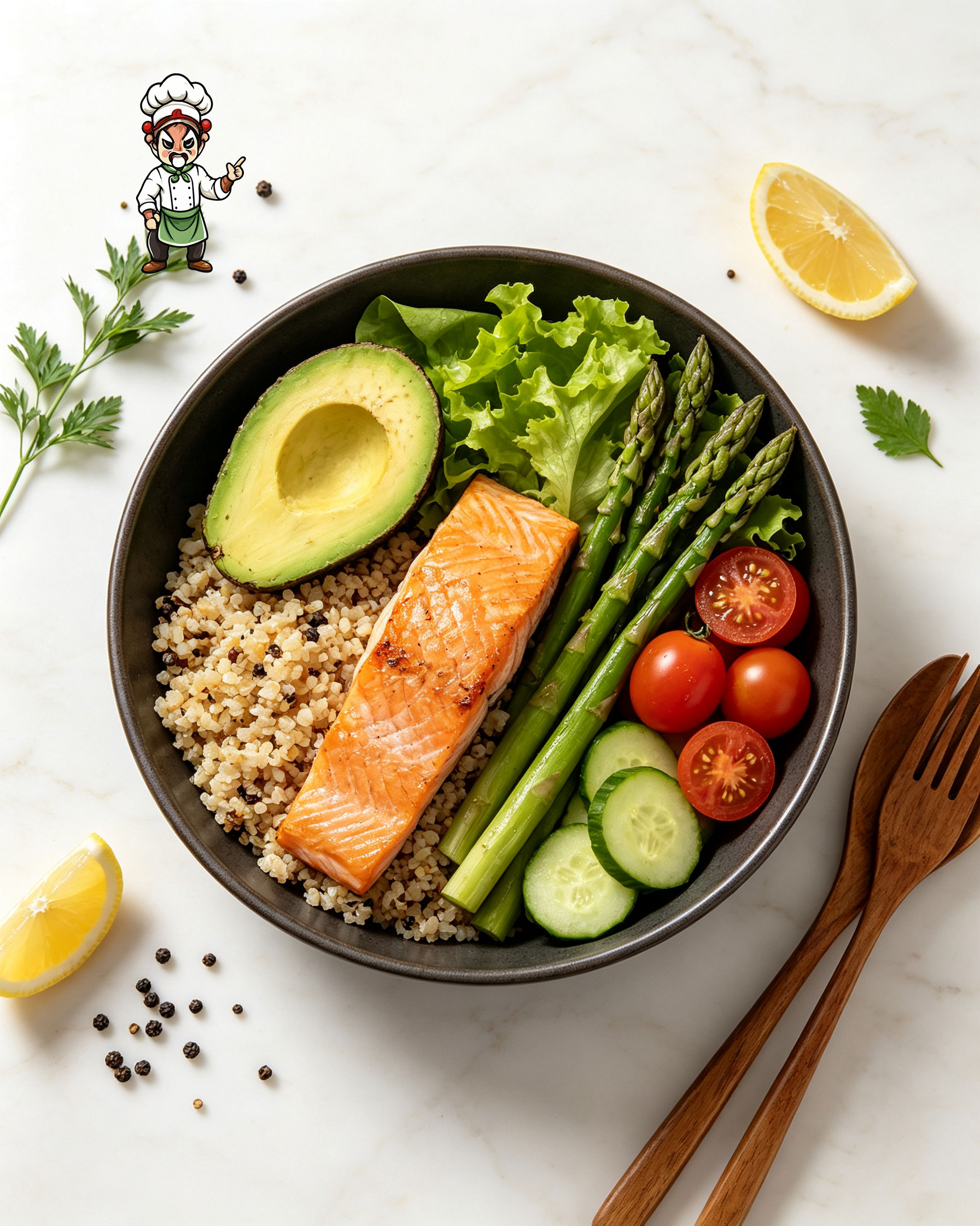 Overhead flat-lay of salmon quinoa bowl with avocado half, asparagus spears, lettuce, cherry tomatoes and wooden utensils