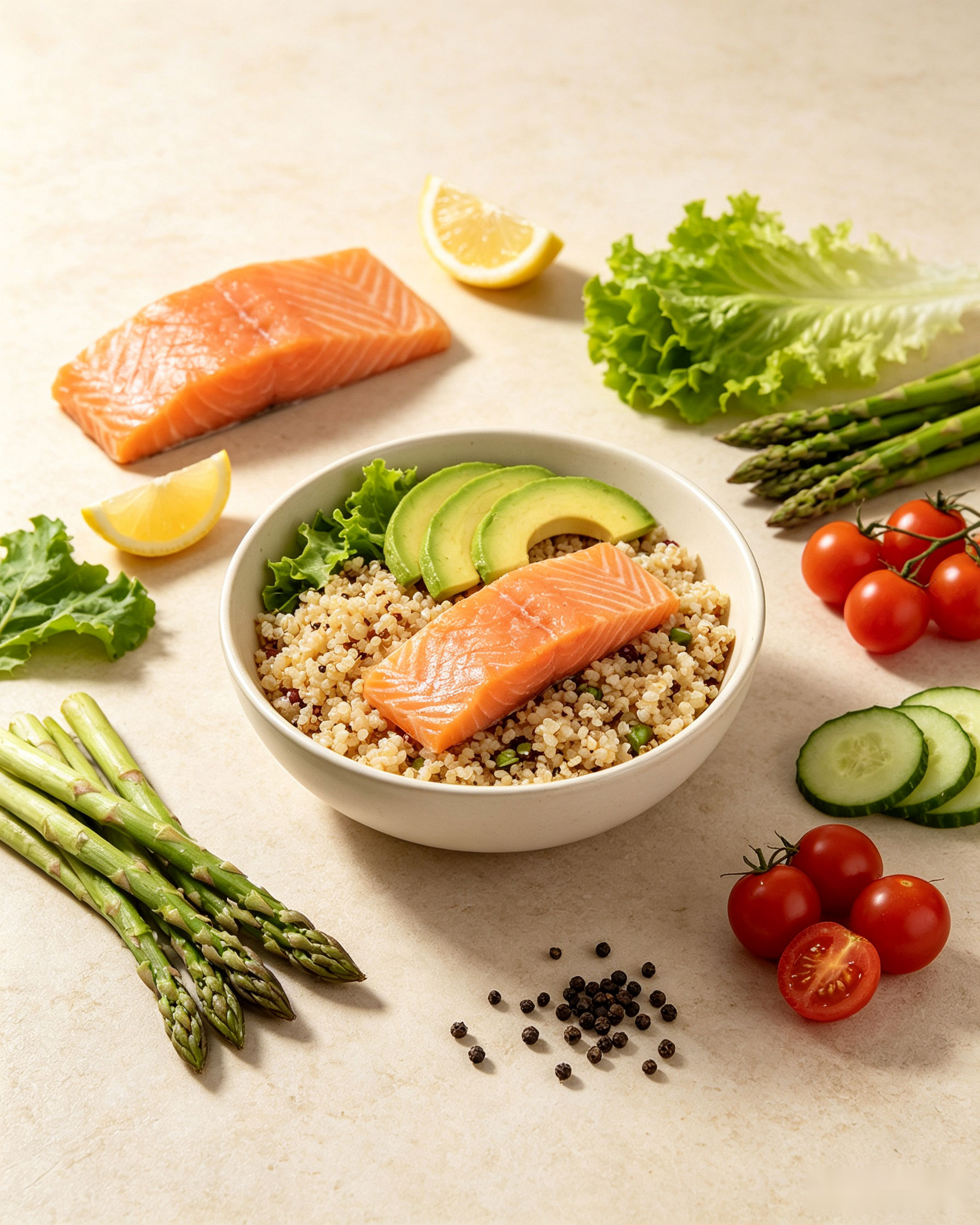 Ingredient spread featuring salmon quinoa bowl surrounded by fresh asparagus, lemon, lettuce, avocado, tomatoes and cucumber