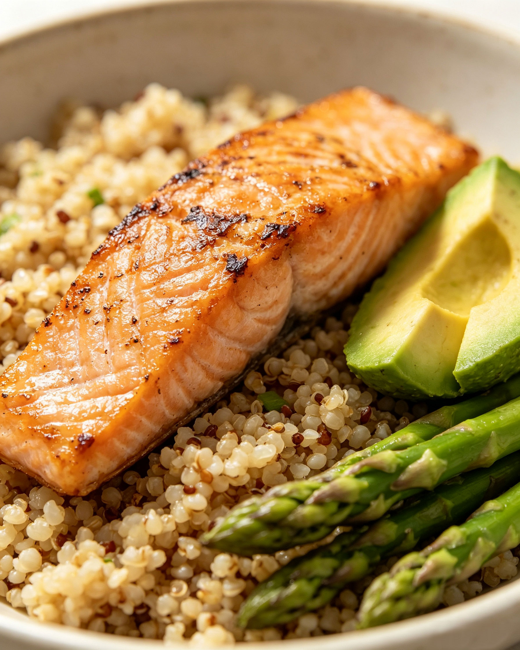 Close-up macro shot of pan-seared salmon on quinoa with avocado slice and asparagus — golden crust texture detail