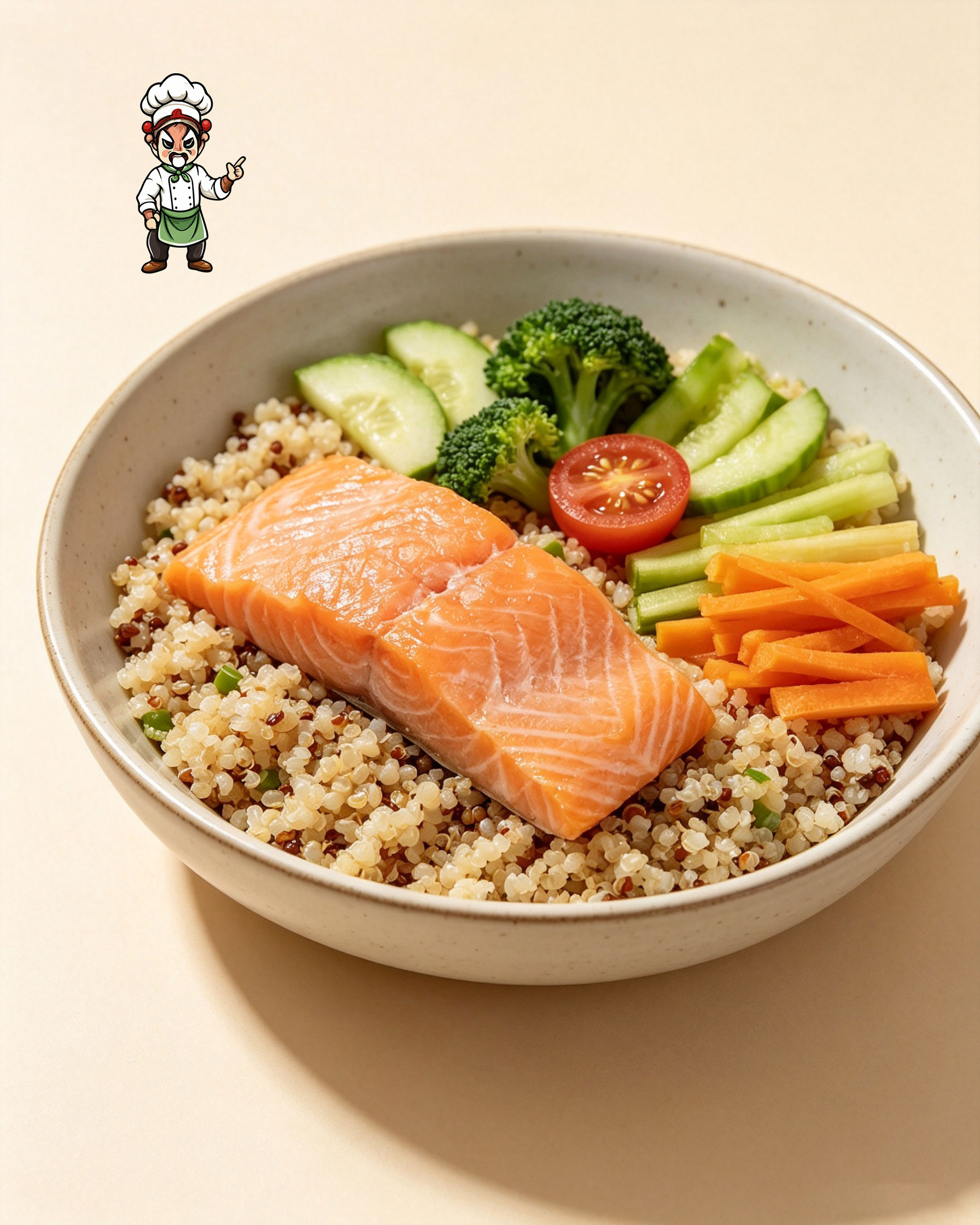 Pan-seared salmon fillet on fluffy quinoa with broccoli, cucumber, cherry tomato and carrot sticks — omega-3 superfood bowl