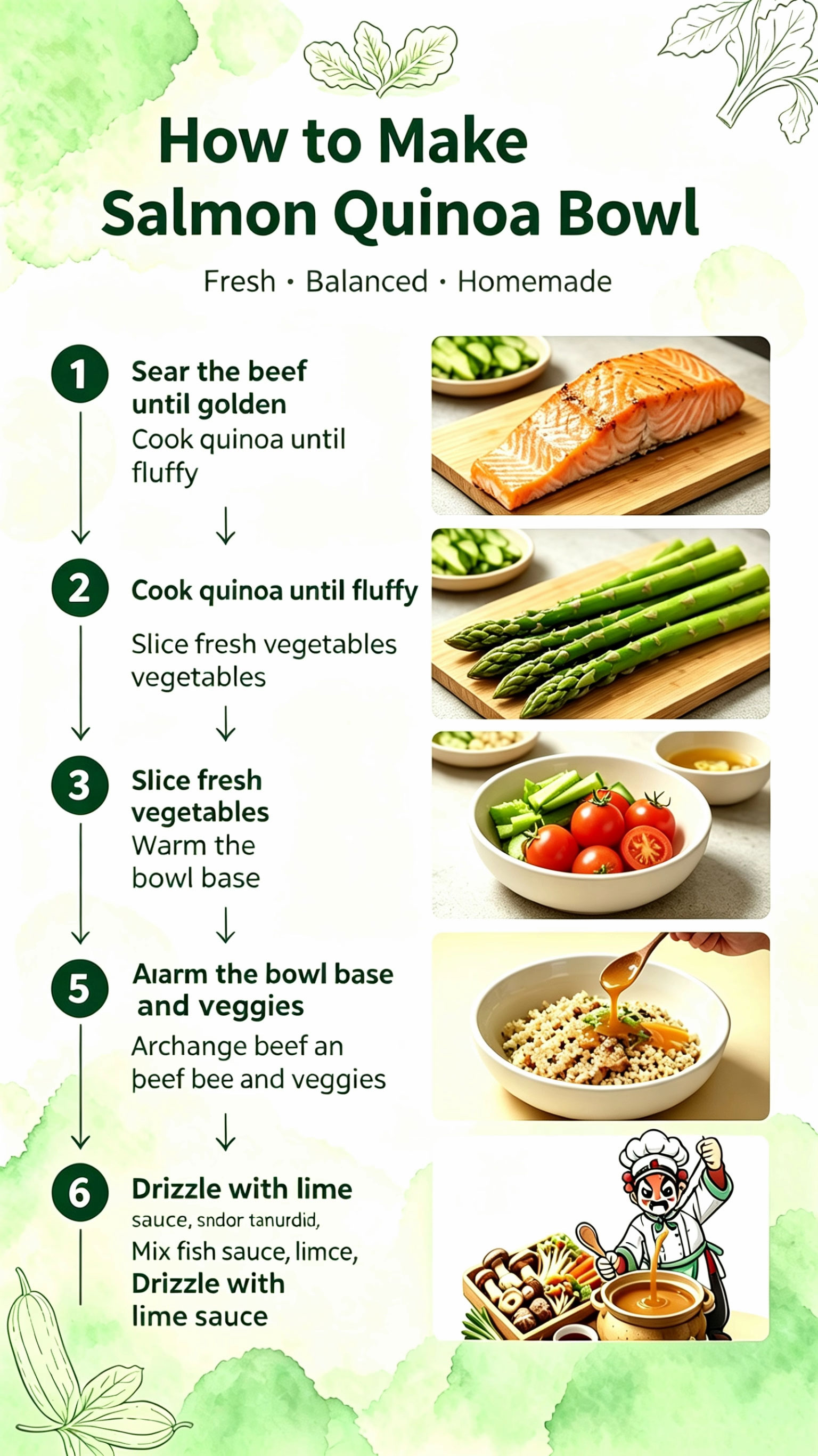 Detailed step-by-step visual recipe: sear salmon, cook quinoa, slice vegetables, warm bowl, arrange ingredients, finish with lime sauce
