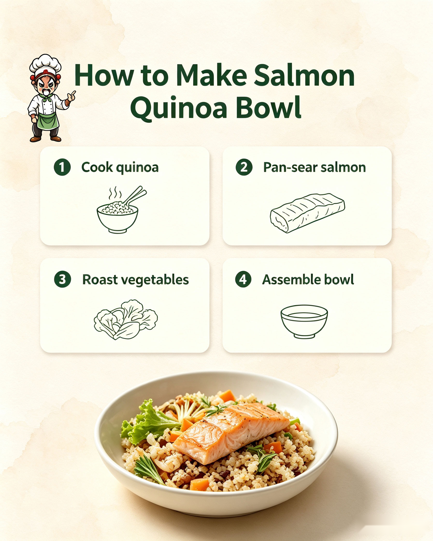 Step-by-step guide: cook quinoa, pan-sear salmon, roast vegetables, assemble bowl with fresh toppings
