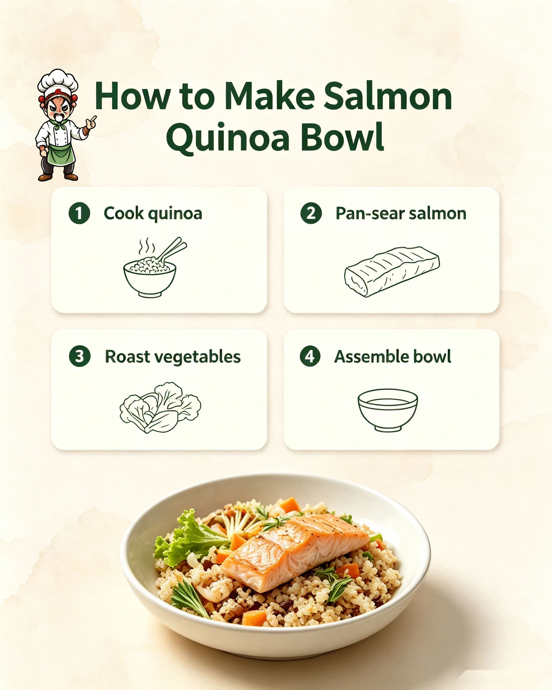 Step-by-step guide: cook quinoa, pan-sear salmon, roast vegetables, assemble bowl with fresh toppings