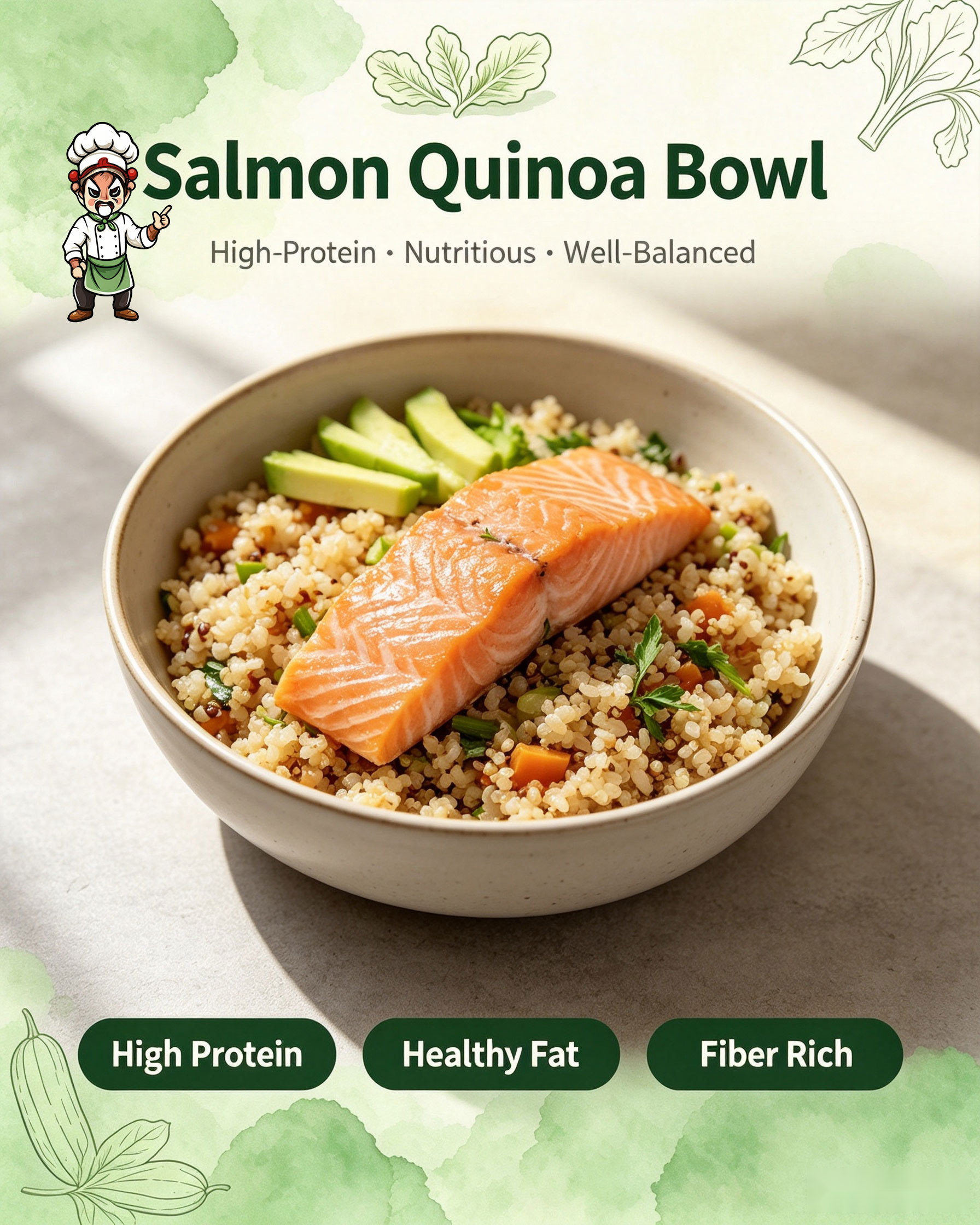 Salmon Quinoa Bowl title card — high protein, nutritious, well-balanced with fresh ingredients showcase