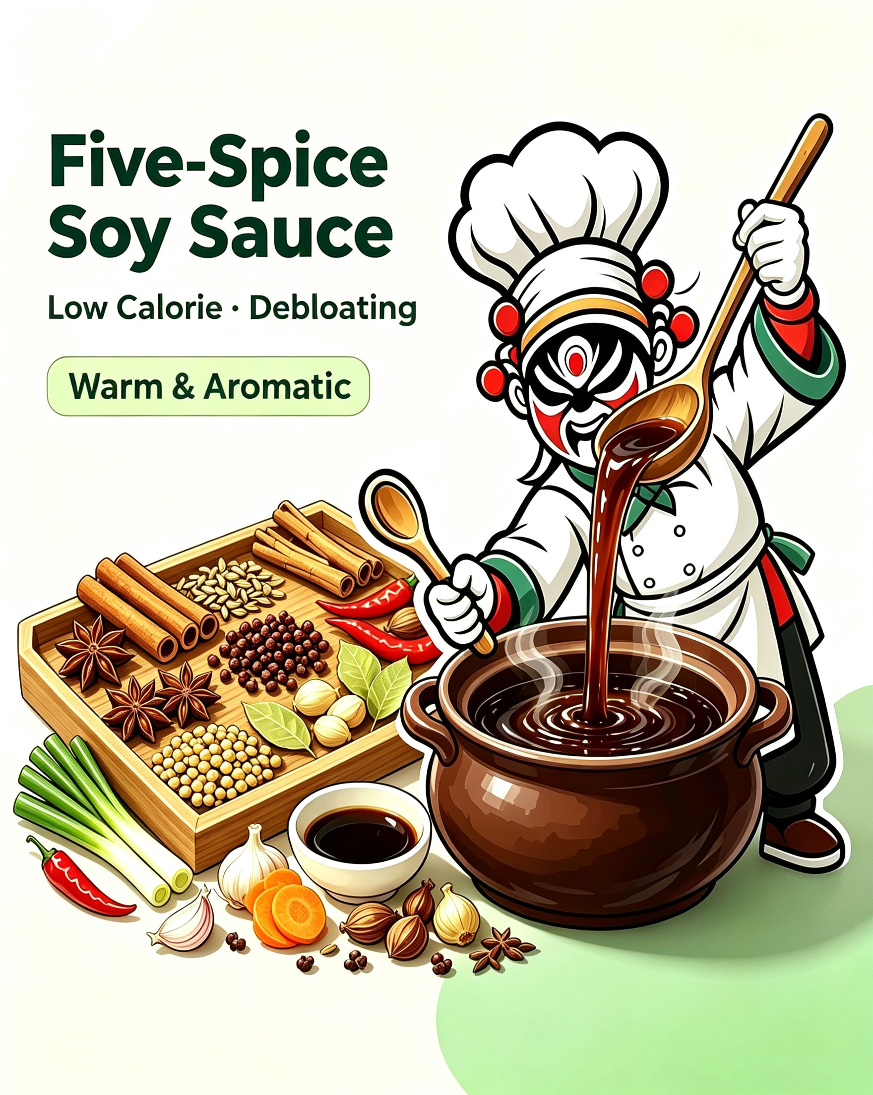 Five-Spice Soy Sauce served over fresh bento bowl with rice, chicken and seasonal vegetables